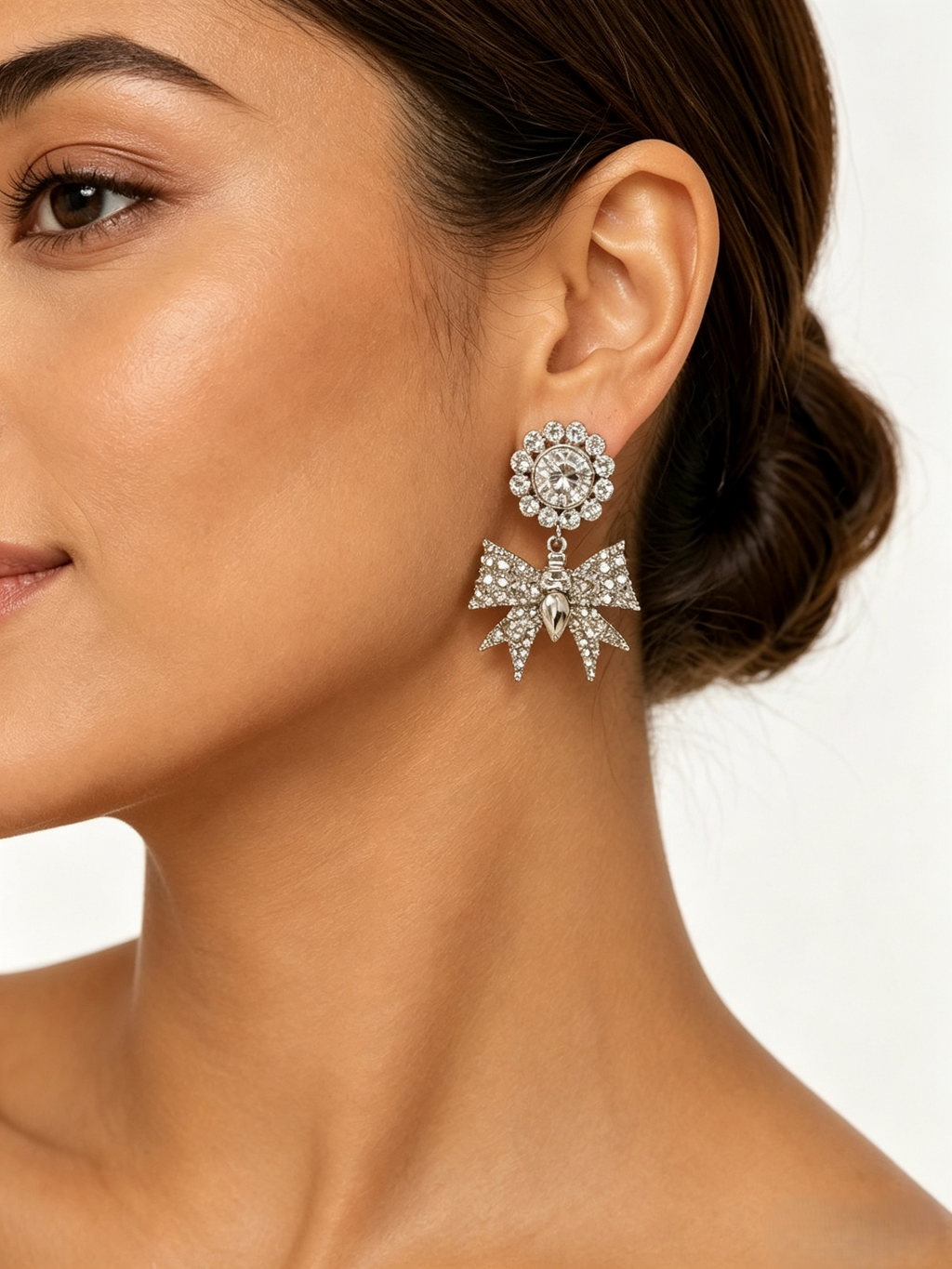 Vintage Rhinestone Bow Drop Earrings, Crystal Flower Teardrop Dangle Earrings, Elegant Wedding Party Statement Earrings for Women