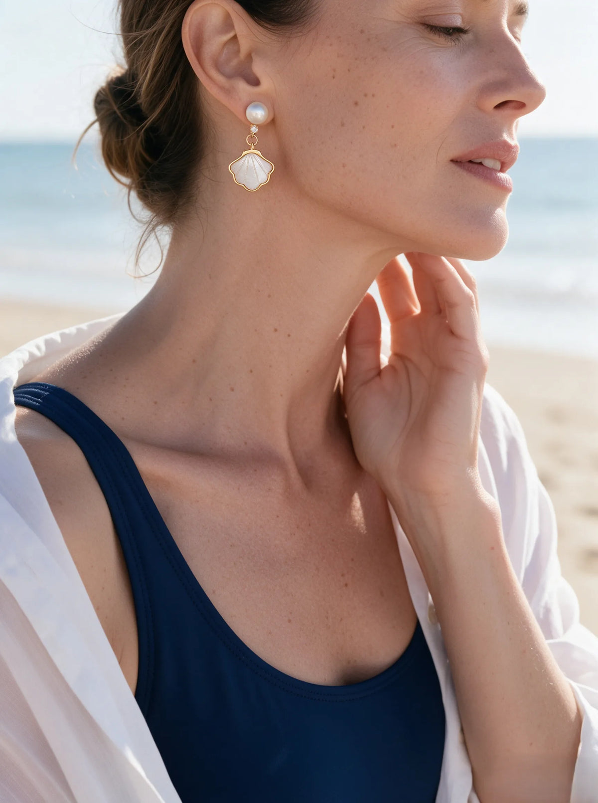 Seashell Mother‑of‑Pearl Drop Earrings, Round Freshwater Pearl Gold‑Tone Dangle Earrings for Women