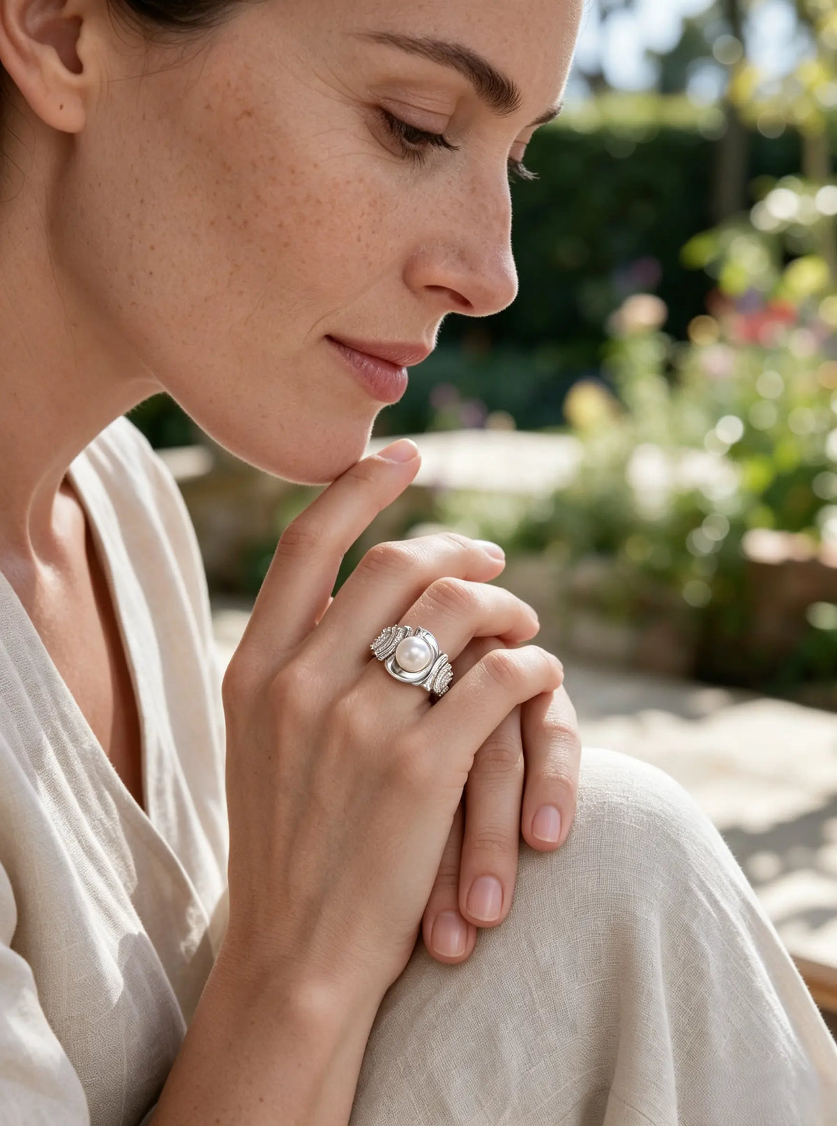Art Deco Radiant Statement Pearl Ring, Natural Freshwater Pearl Cocktail Ring for Women