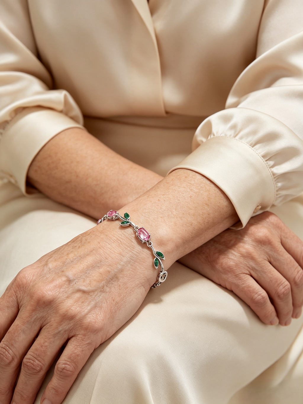 Vintage Blush Pink Green Vine Leaf Bracelet, Gold & Silver Tone Oval Zircon Romantic Branch Statement Bracelet for Women