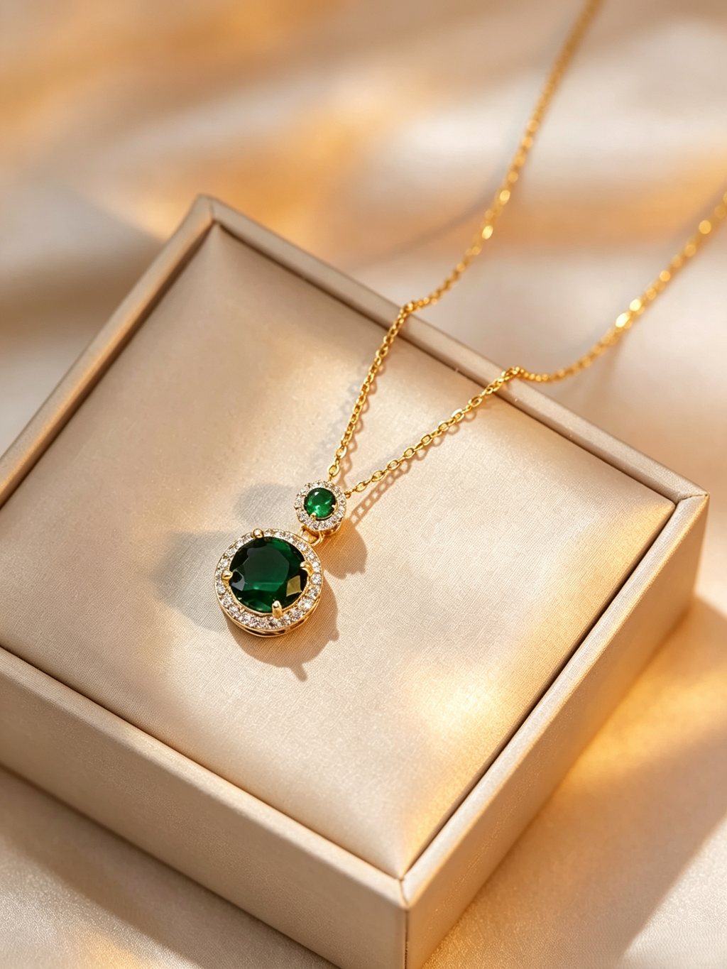 Vintage Double Green Round Stone Pendant Necklace, Halo Pave Crystal Dainty Gold Plated Necklace for Women, Elegant Evening Statement Necklace