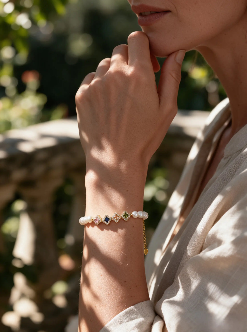 Colorful Clover Charm Freshwater Pearl Bracelet, Dainty Adjustable Pearl Stacking Bracelet for Women