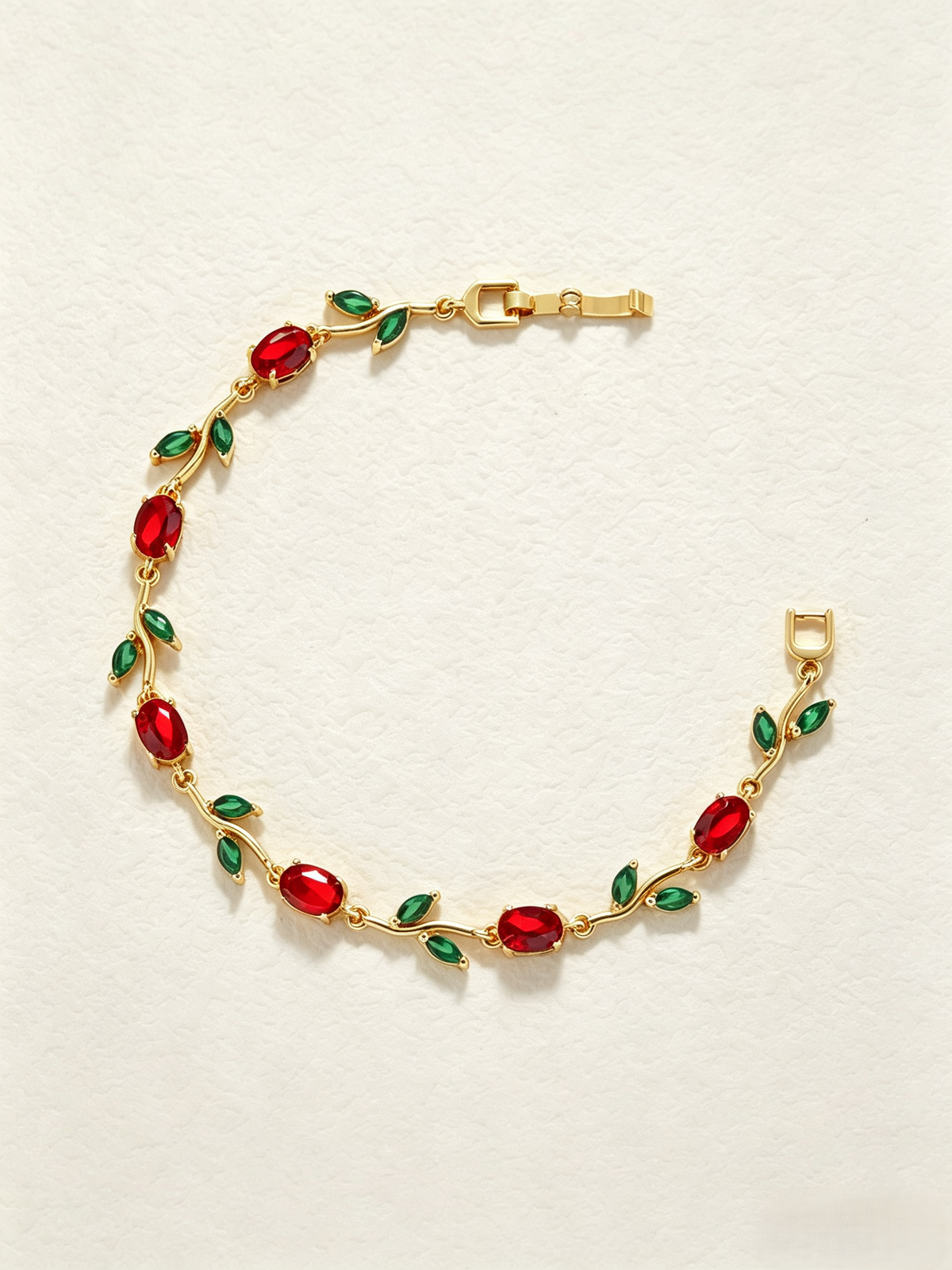 Vintage Red‑Green Vine Leaf Branch Bracelet, Gold & Silver Tone Oval Zircon Statement Bracelet for Women
