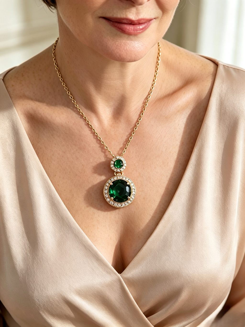 Vintage Double Green Round Stone Pendant Necklace, Halo Pave Crystal Dainty Gold Plated Necklace for Women, Elegant Evening Statement Necklace