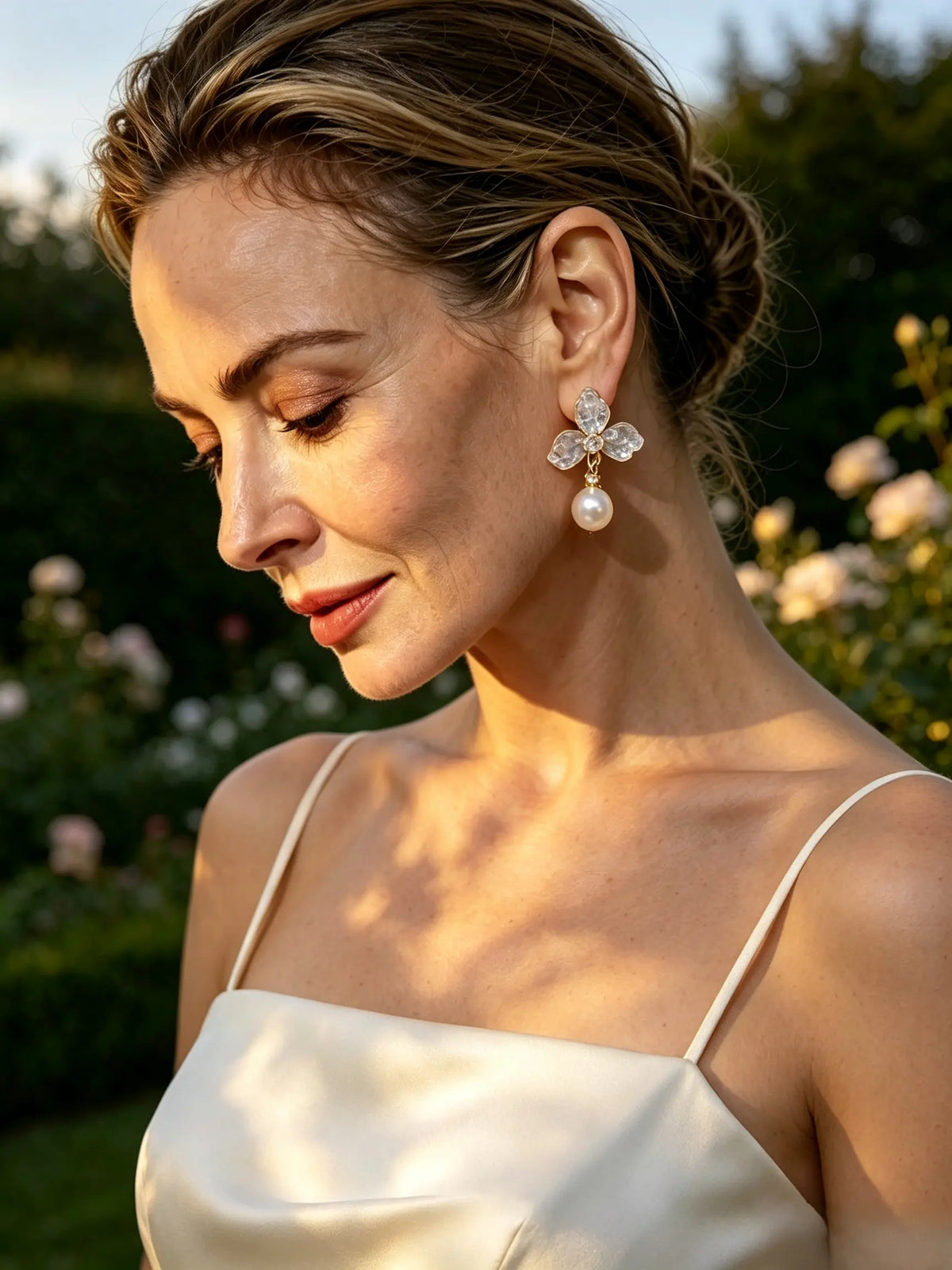 Natural Freshwater Pearl Floral Drop Stud Earrings, Sophisticated Crystal‑Accent Flower Earrings for Women