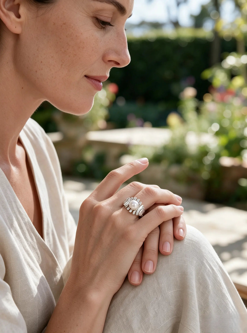 Art Deco Radiant Statement Pearl Ring, Natural Freshwater Pearl Cocktail Ring for Women