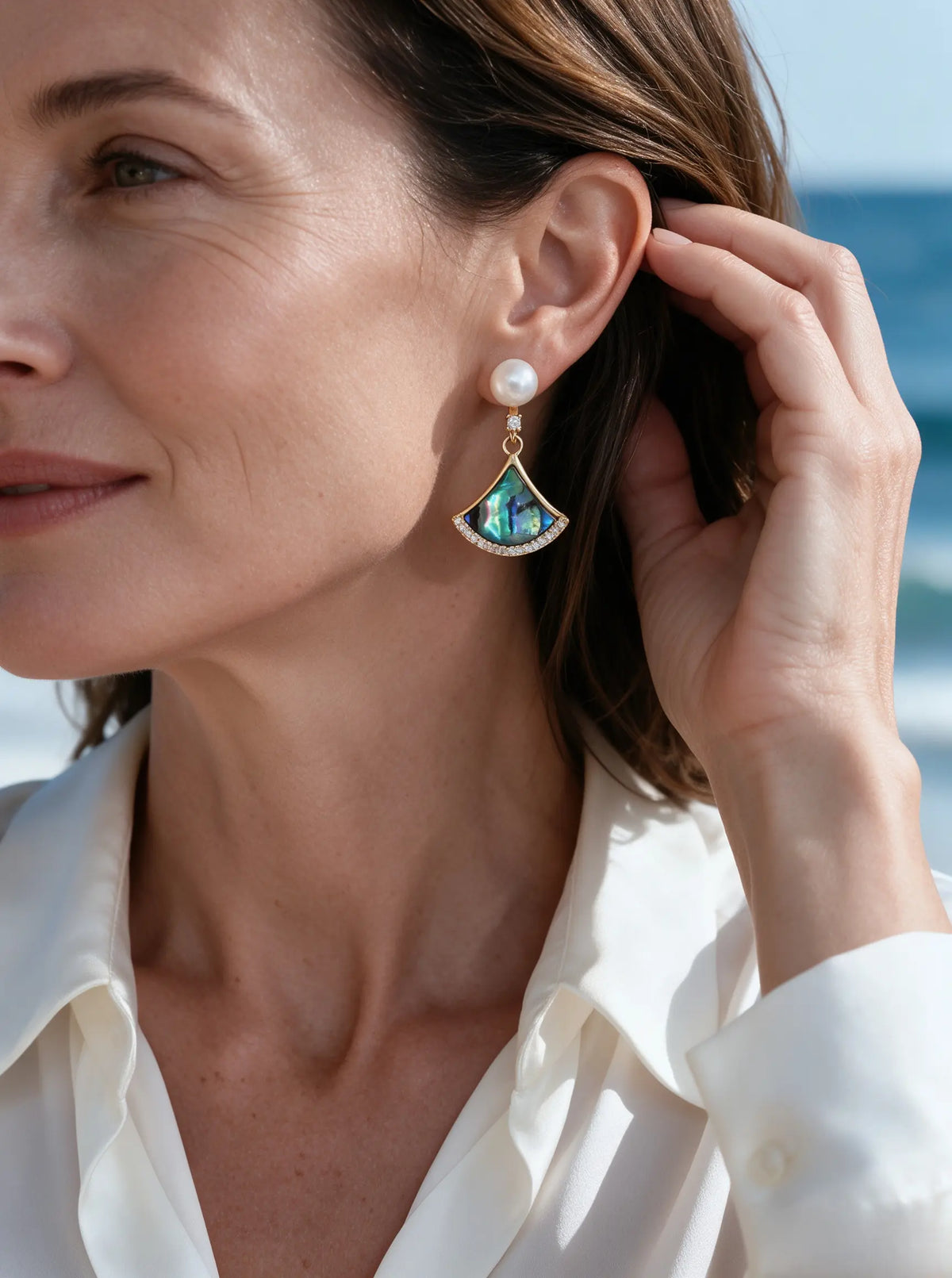 Fan‑Shaped Abalone Shell Dangle Earrings, Natural Freshwater Pearl Gold Tone Drop Earrings for Women
