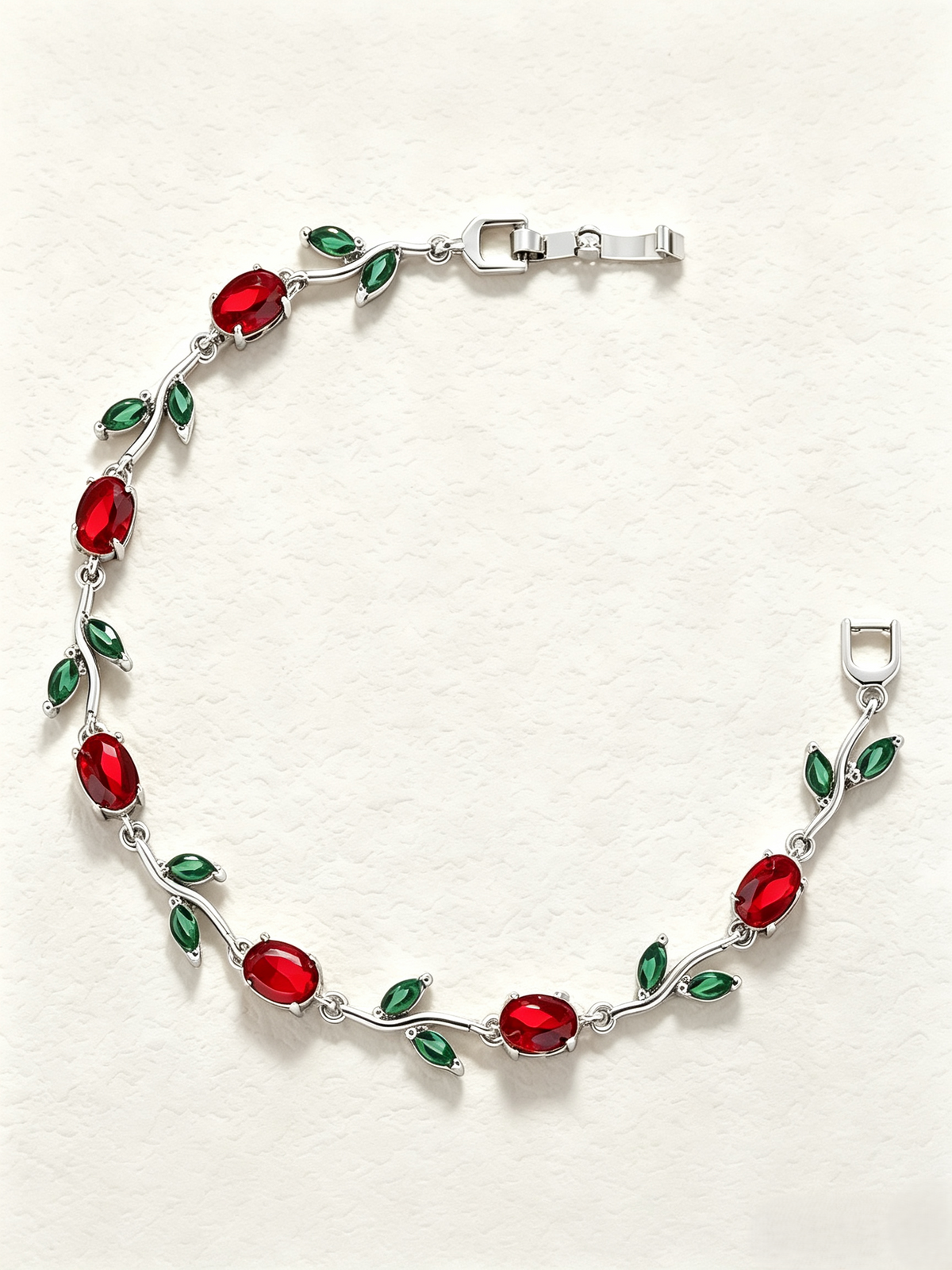 Vintage Red‑Green Vine Leaf Branch Bracelet, Gold & Silver Tone Oval Zircon Statement Bracelet for Women