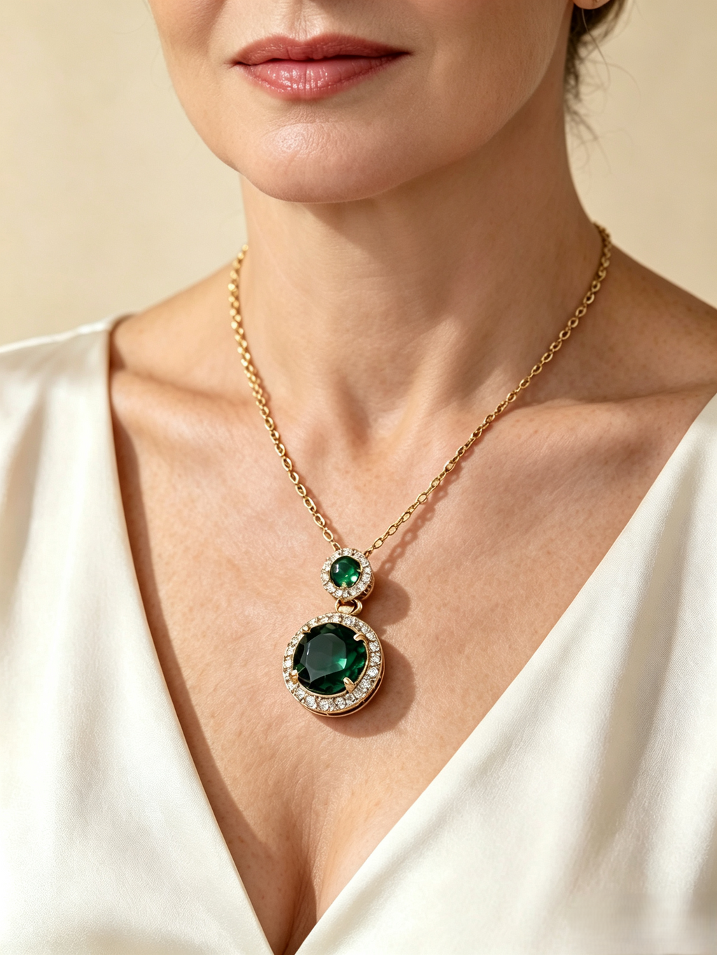 Vintage Double Green Round Stone Pendant Necklace, Halo Pave Crystal Dainty Gold Plated Necklace for Women, Elegant Evening Statement Necklace