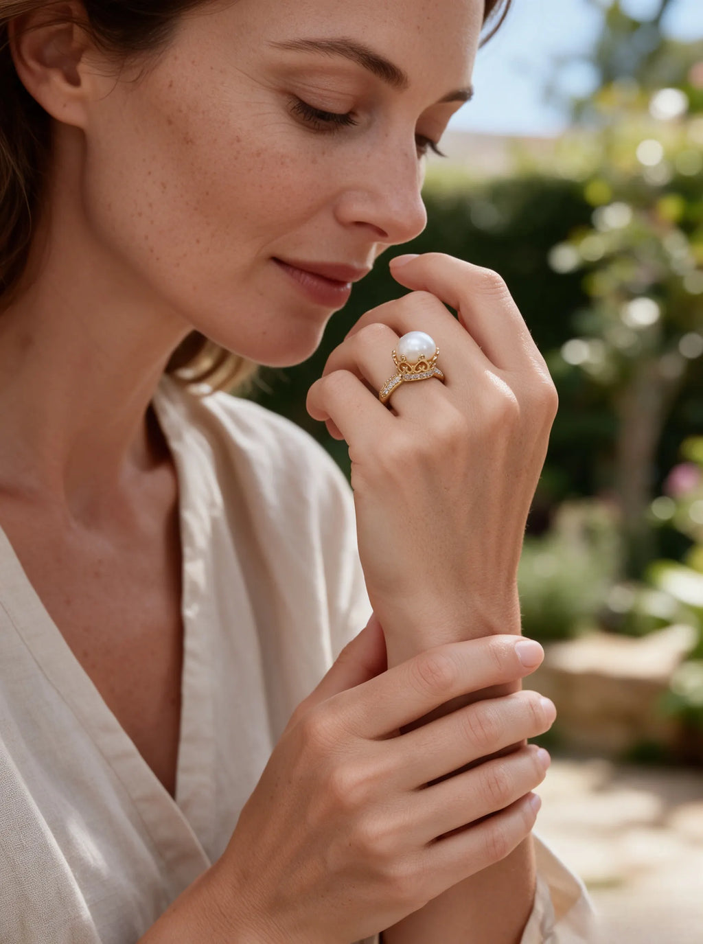 Ornate Crown‑Setting Open Band Ring, Lustrous Natural Freshwater Pearl Statement Ring for Women