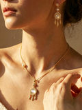 Boho Dreamcatcher Cat’s Eye Pearl Jewelry Matching Set, Gold Leaf Tassel Drop Earrings & Adjustable Necklace Set for Women