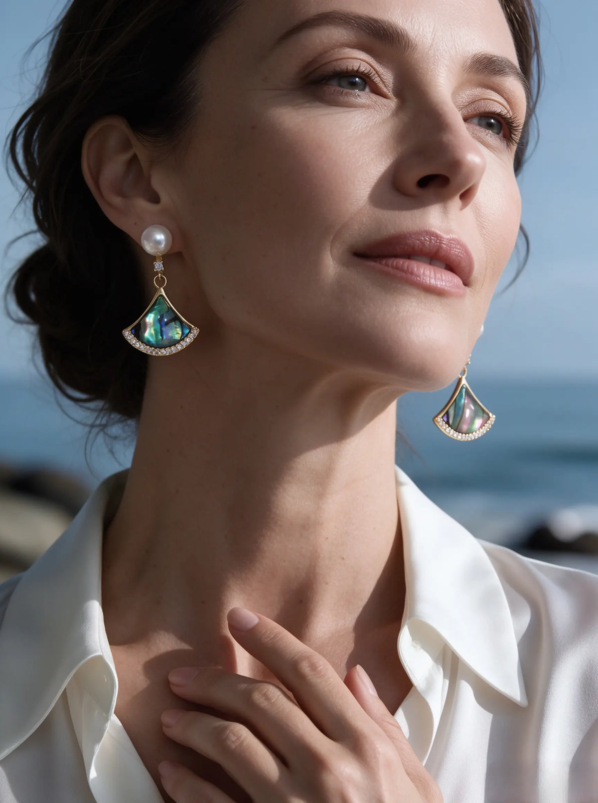 Fan‑Shaped Abalone Shell Dangle Earrings, Natural Freshwater Pearl Gold Tone Drop Earrings for Women