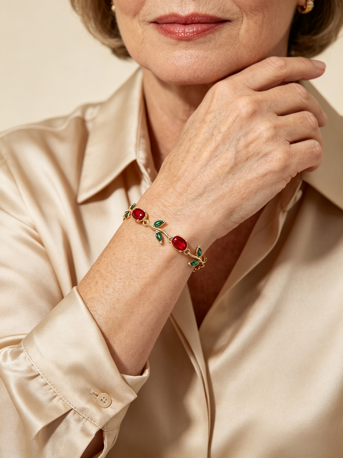 Vintage Red‑Green Vine Leaf Branch Bracelet, Gold & Silver Tone Oval Zircon Statement Bracelet for Women