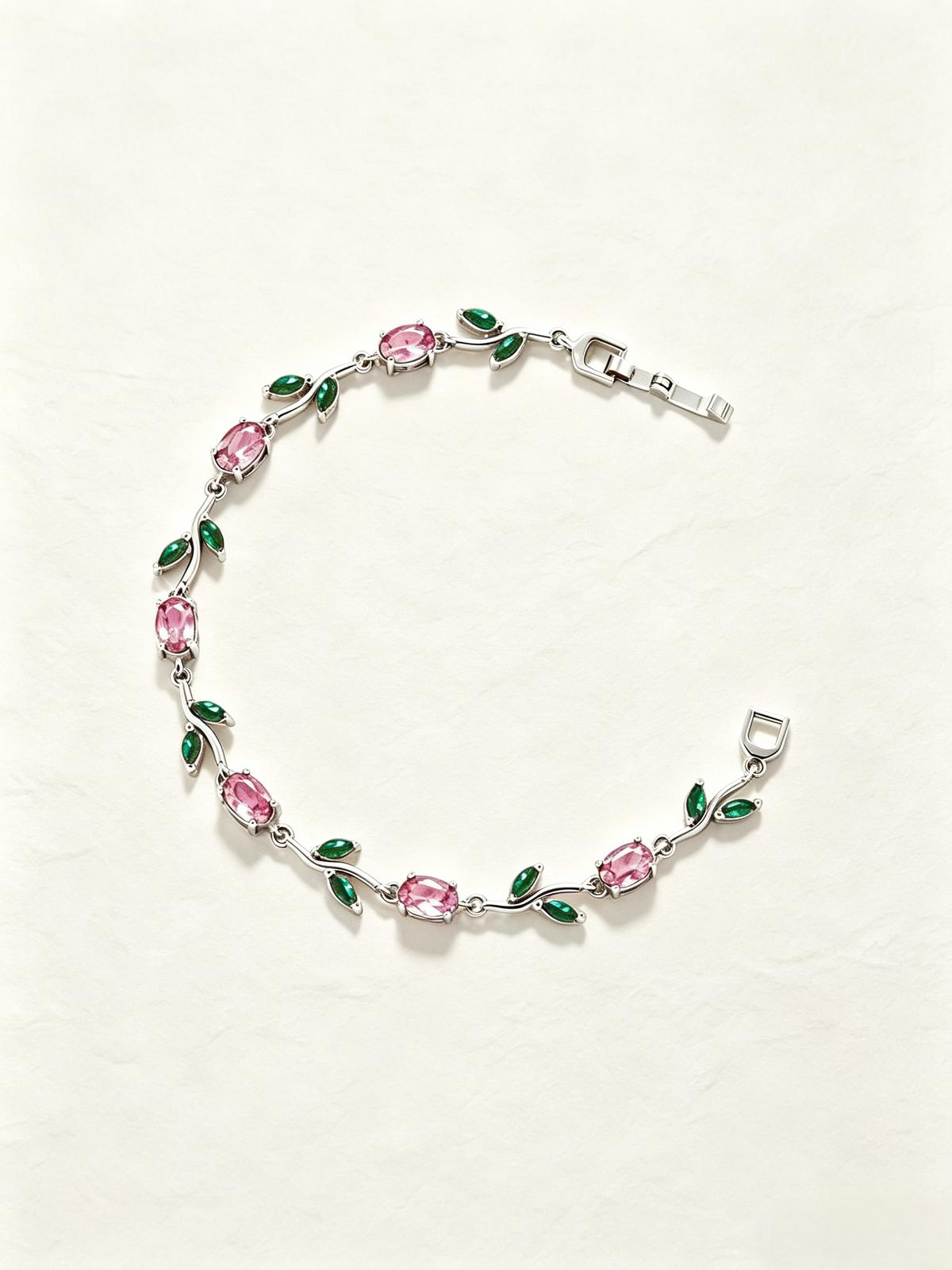 Vintage Blush Pink Green Vine Leaf Bracelet, Gold & Silver Tone Oval Zircon Romantic Branch Statement Bracelet for Women