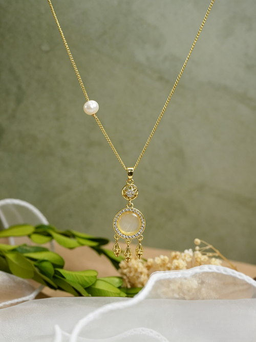 Boho Dreamcatcher Cat’s Eye Pearl Jewelry Matching Set, Gold Leaf Tassel Drop Earrings & Adjustable Necklace Set for Women