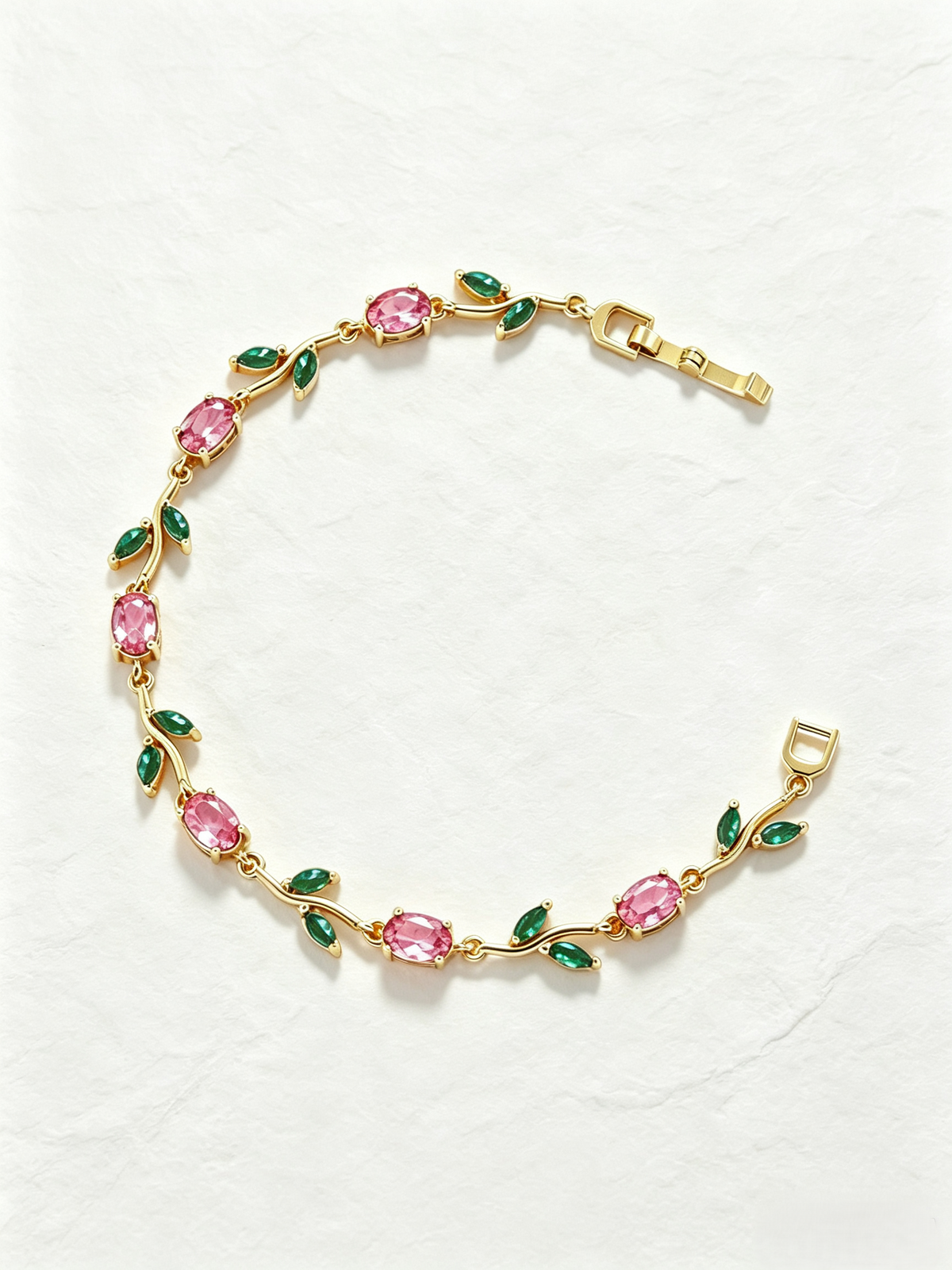 Vintage Blush Pink Green Vine Leaf Bracelet, Gold & Silver Tone Oval Zircon Romantic Branch Statement Bracelet for Women