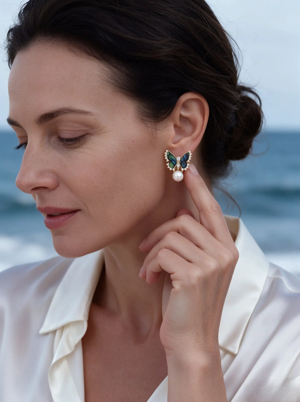 Butterfly Abalone Shell Drop Earrings, Natural Freshwater Pearl Gold‑Tone Crystal Statement Earrings for Women