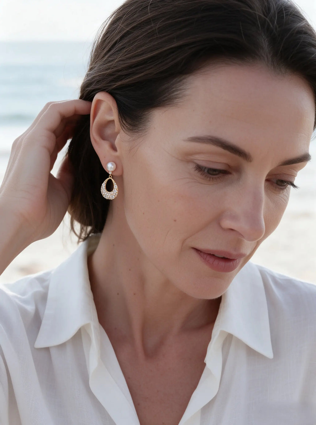 Teardrop Pave Crystal Dangle Earrings, Natural Freshwater Pearl Drop Earrings Gold‑Tone for Women