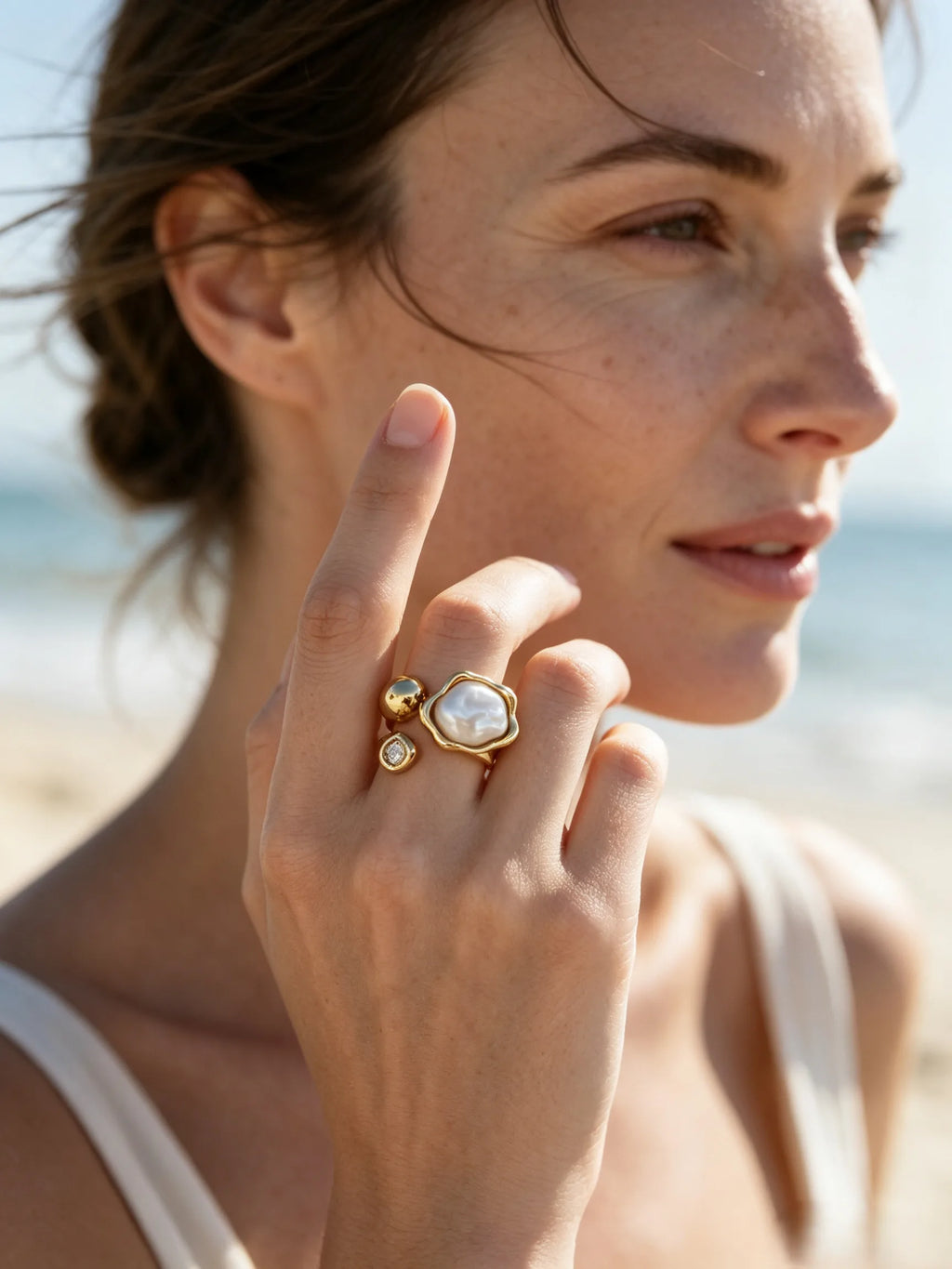 18K Gold Plated Natural Baroque Pearl Open Statement Ring, Sophisticated Zircon Accent Vintage Ring for Women