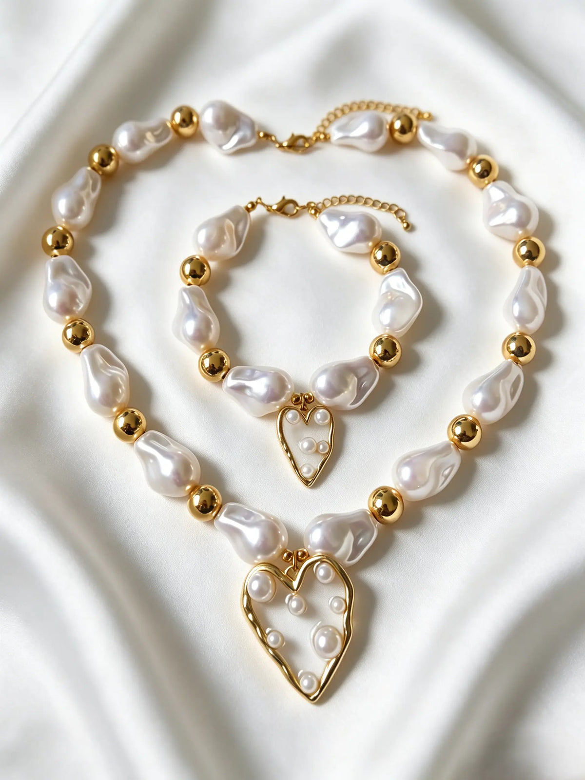 French Baroque Irregular Pearl Necklace & Bracelet Jewelry Set, Heart Pendant Pearl Matching Set for Women