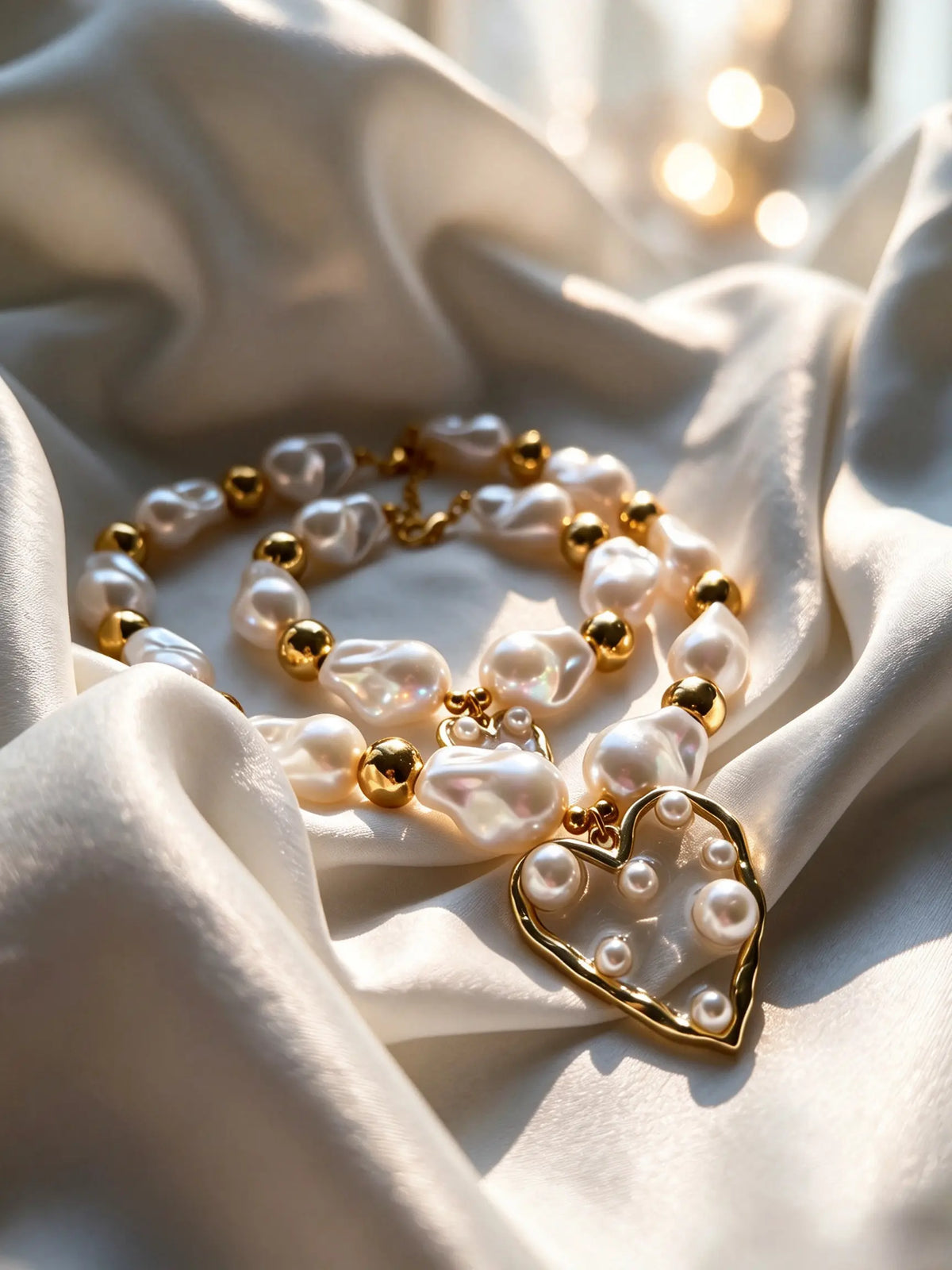 French Baroque Irregular Pearl Necklace & Bracelet Jewelry Set, Heart Pendant Pearl Matching Set for Women