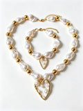 French Baroque Irregular Pearl Necklace & Bracelet Jewelry Set, Heart Pendant Pearl Matching Set for Women