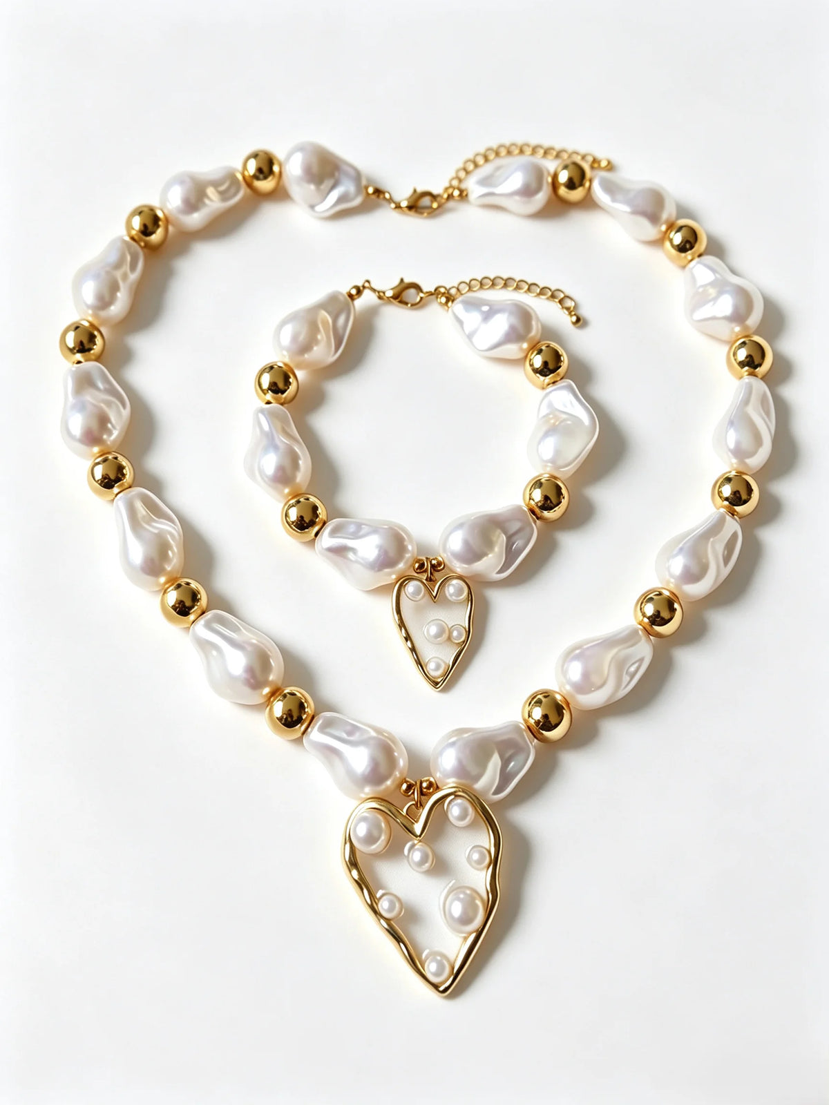 French Baroque Irregular Pearl Necklace & Bracelet Jewelry Set, Heart Pendant Pearl Matching Set for Women