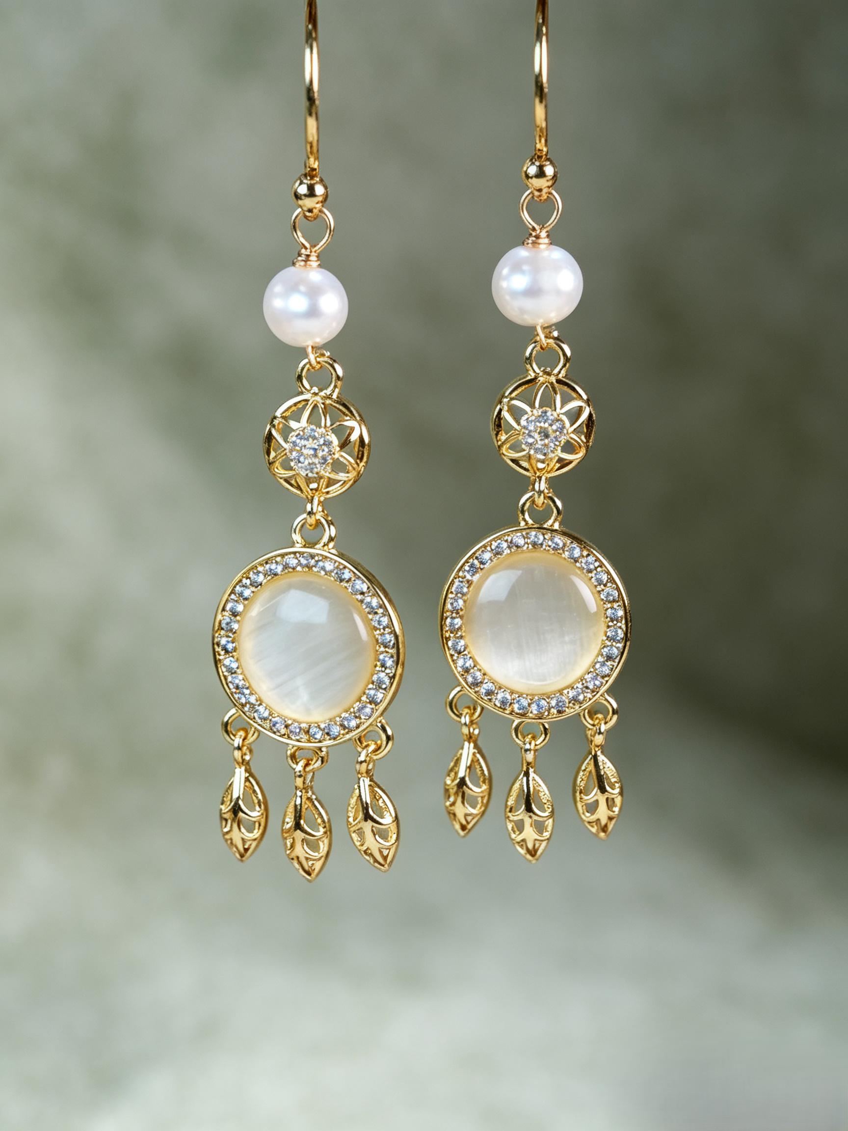 Boho Dreamcatcher Cat’s Eye Pearl Jewelry Matching Set, Gold Leaf Tassel Drop Earrings & Adjustable Necklace Set for Women