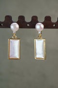 Rectangular Mother of Pearl Drop Earrings, Natural Pearl Gold Plated Brass Handmade Dangle Earrings, Elegant Timeless Jewelry Gift for Women