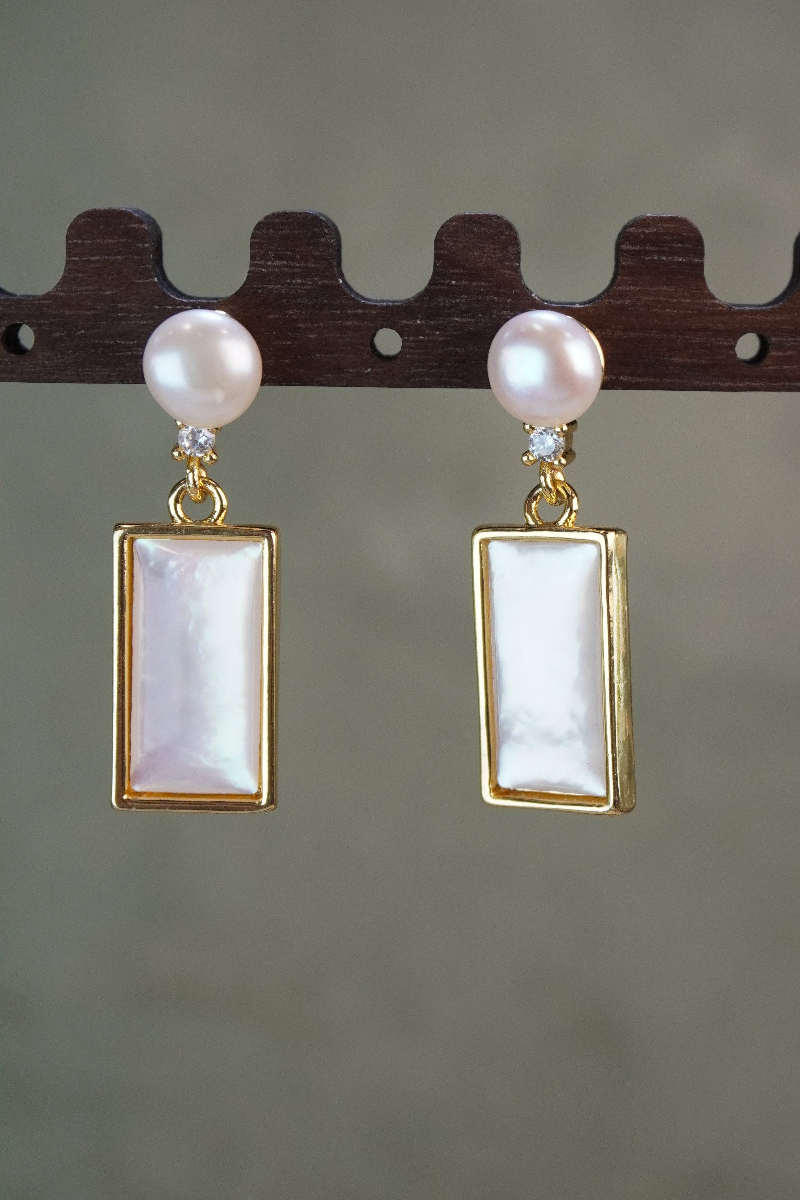 Rectangular Mother of Pearl Drop Earrings, Natural Pearl Gold Plated Brass Handmade Dangle Earrings, Elegant Timeless Jewelry Gift for Women