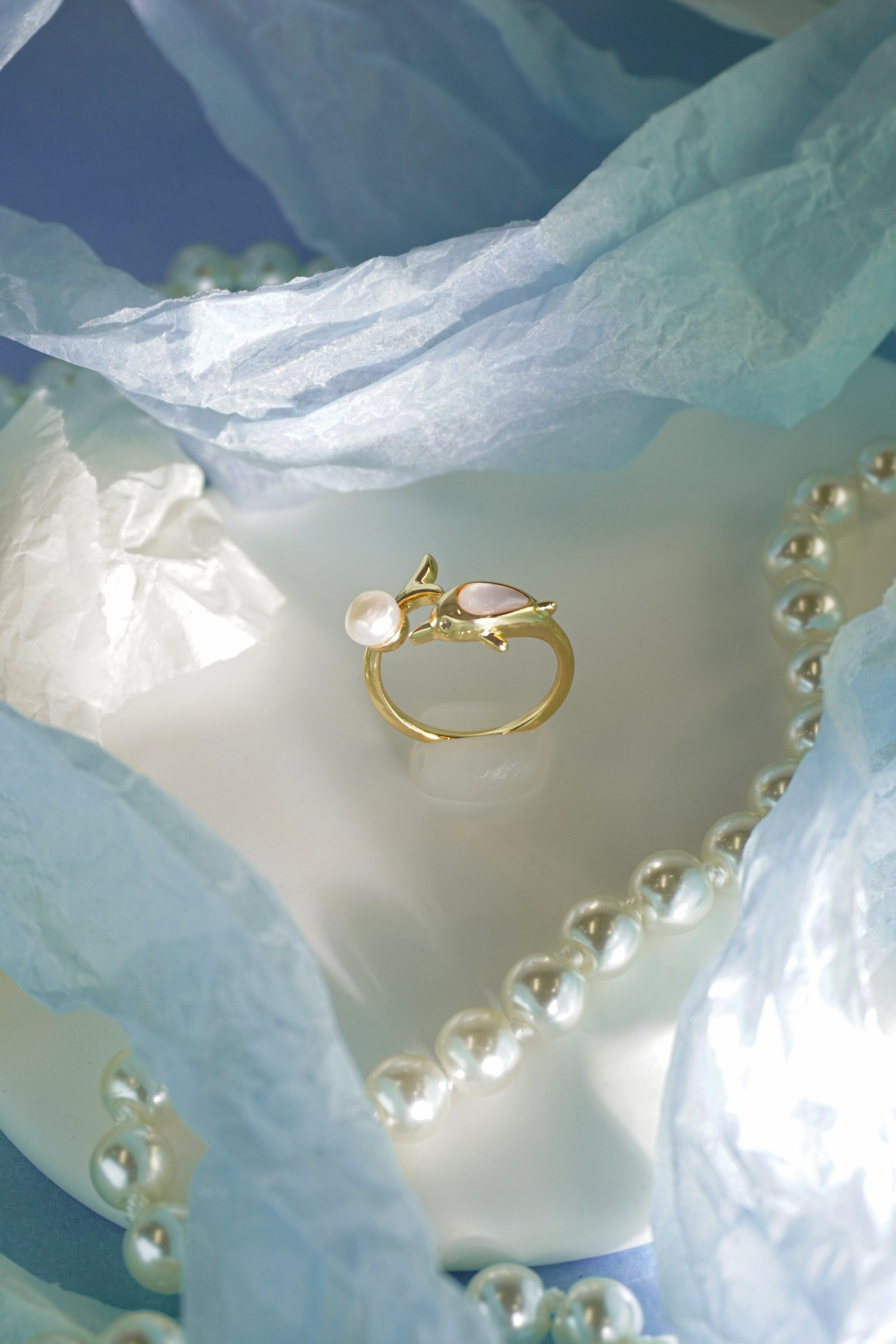Elegant Dolphin Motif Natural Pearl Open Adjustable Ring, Handmade Gold-Plated Brass Pearl Statement Ring for Mature Women