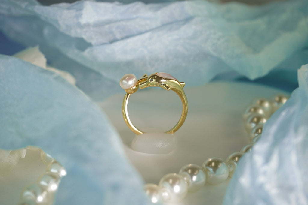 Elegant Dolphin Motif Natural Pearl Open Adjustable Ring, Handmade Gold-Plated Brass Pearl Statement Ring for Mature Women