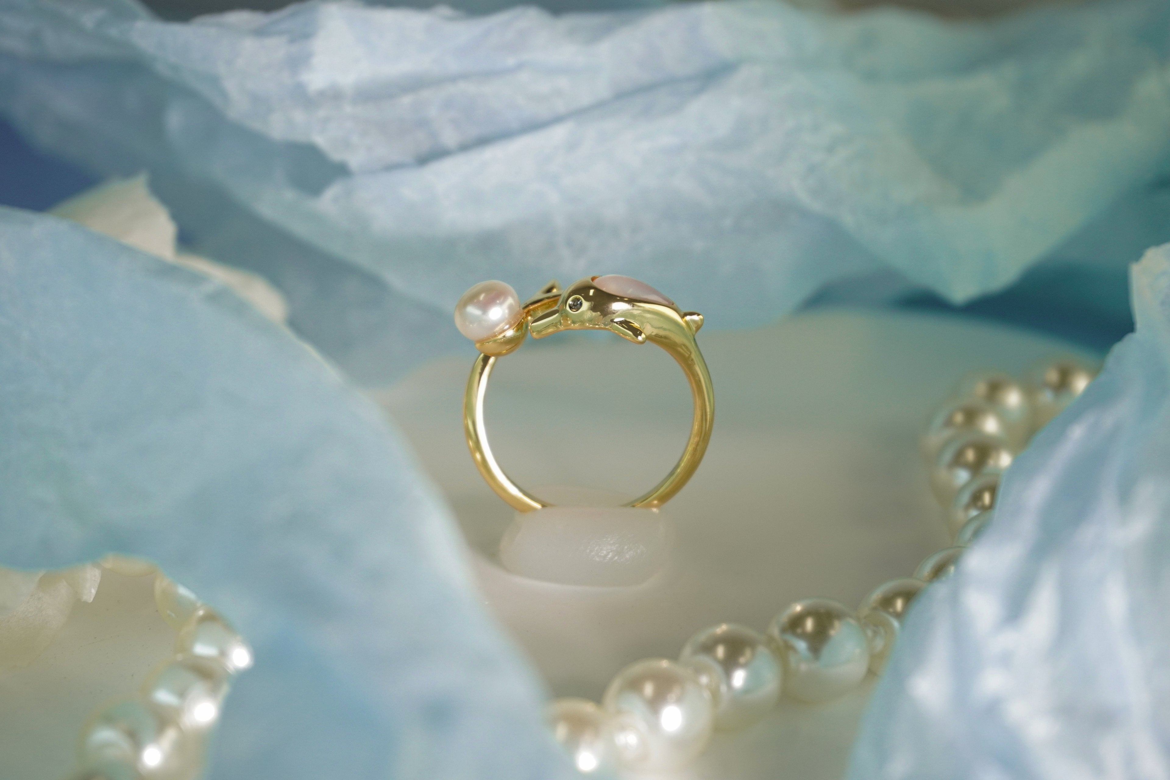 Elegant Dolphin Motif Natural Pearl Open Adjustable Ring, Handmade Gold-Plated Brass Pearl Statement Ring for Mature Women