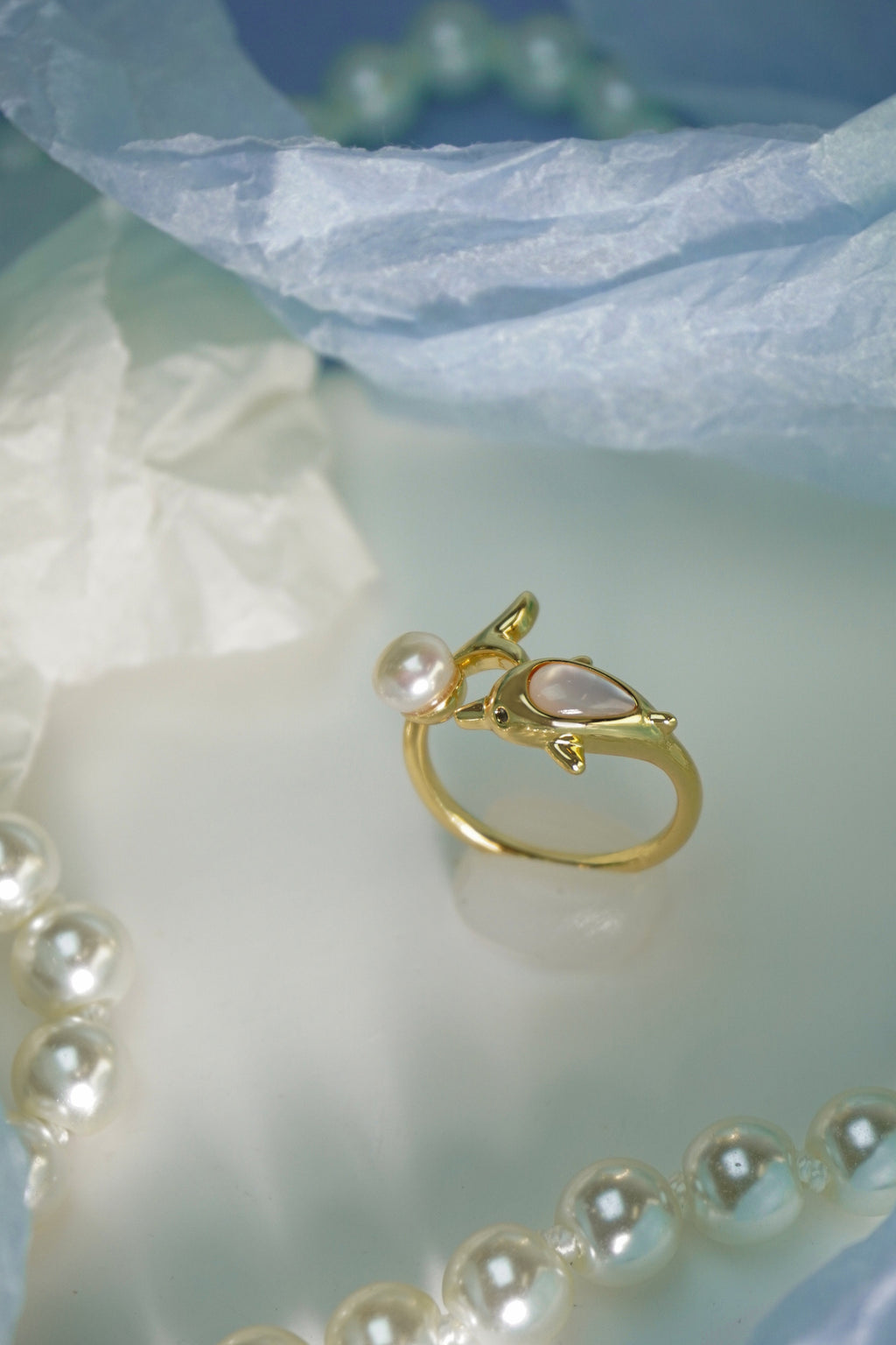 Elegant Dolphin Motif Natural Pearl Open Adjustable Ring, Handmade Gold-Plated Brass Pearl Statement Ring for Mature Women
