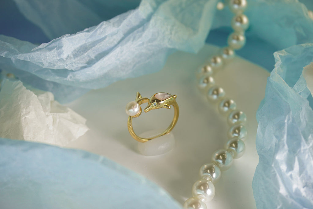 Elegant Dolphin Motif Natural Pearl Open Adjustable Ring, Handmade Gold-Plated Brass Pearl Statement Ring for Mature Women