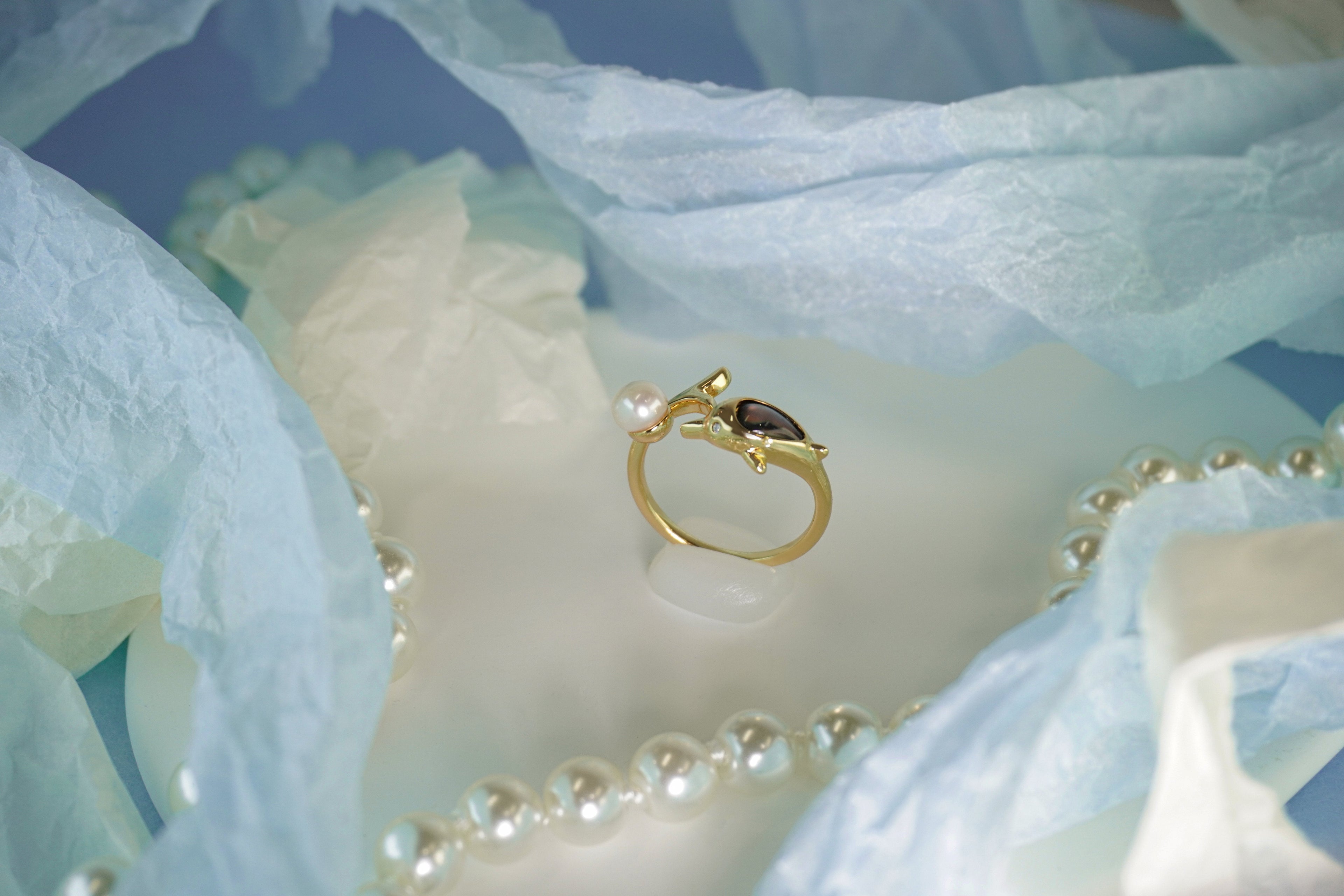 Elegant Dolphin Motif Natural Pearl Open Adjustable Ring, Handmade Gold-Plated Brass Pearl Statement Ring for Mature Women
