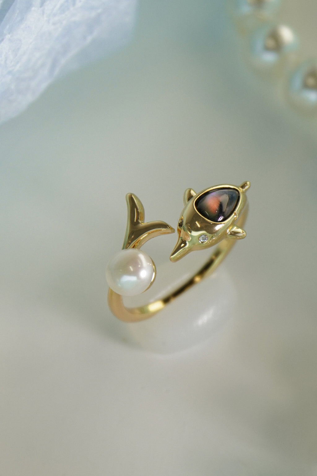 Elegant Dolphin Motif Natural Pearl Open Adjustable Ring, Handmade Gold-Plated Brass Pearl Statement Ring for Mature Women