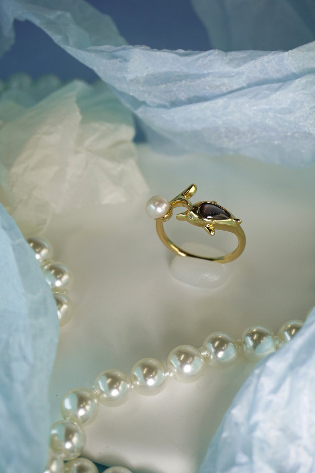 Elegant Dolphin Motif Natural Pearl Open Adjustable Ring, Handmade Gold-Plated Brass Pearl Statement Ring for Mature Women