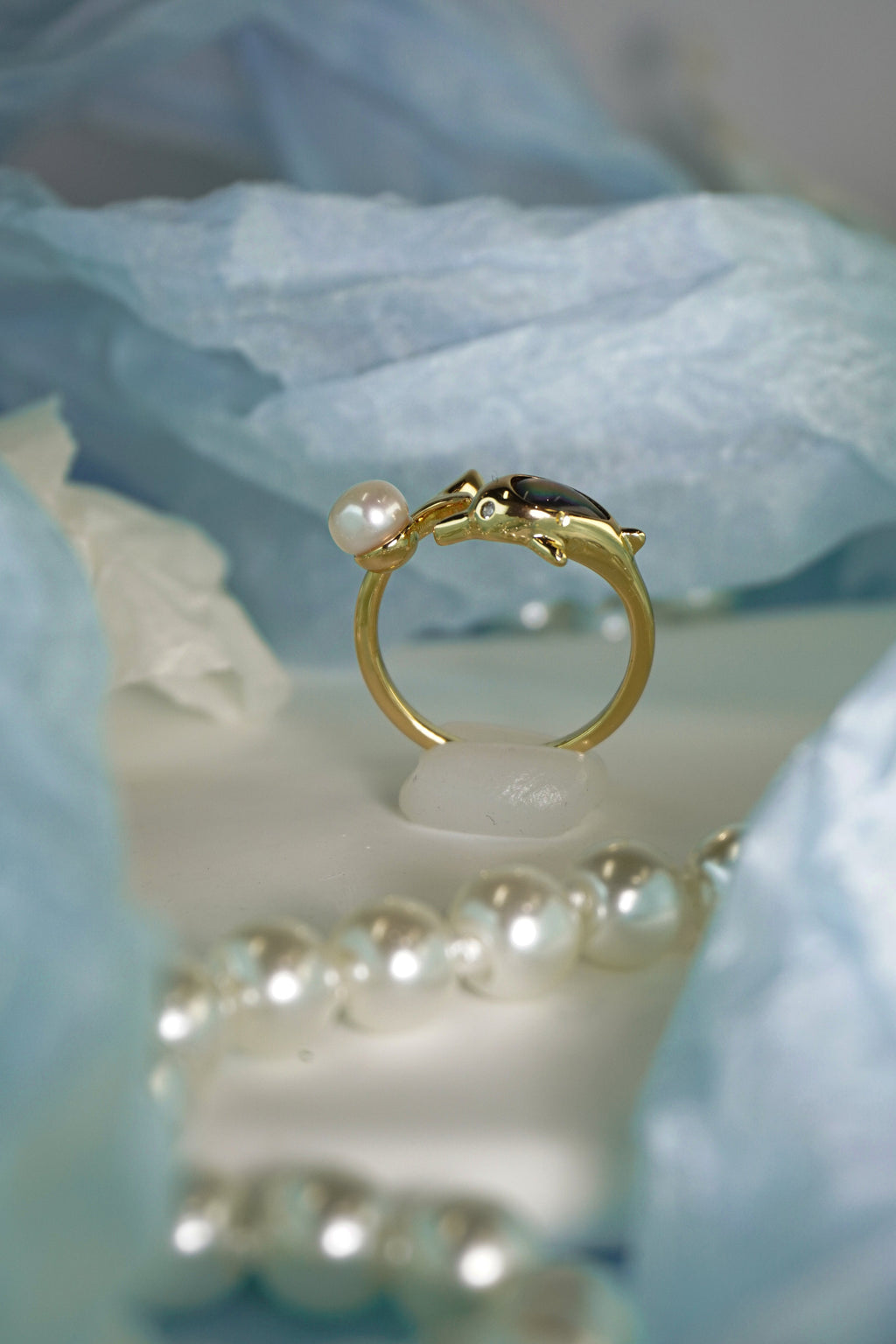 Elegant Dolphin Motif Natural Pearl Open Adjustable Ring, Handmade Gold-Plated Brass Pearl Statement Ring for Mature Women