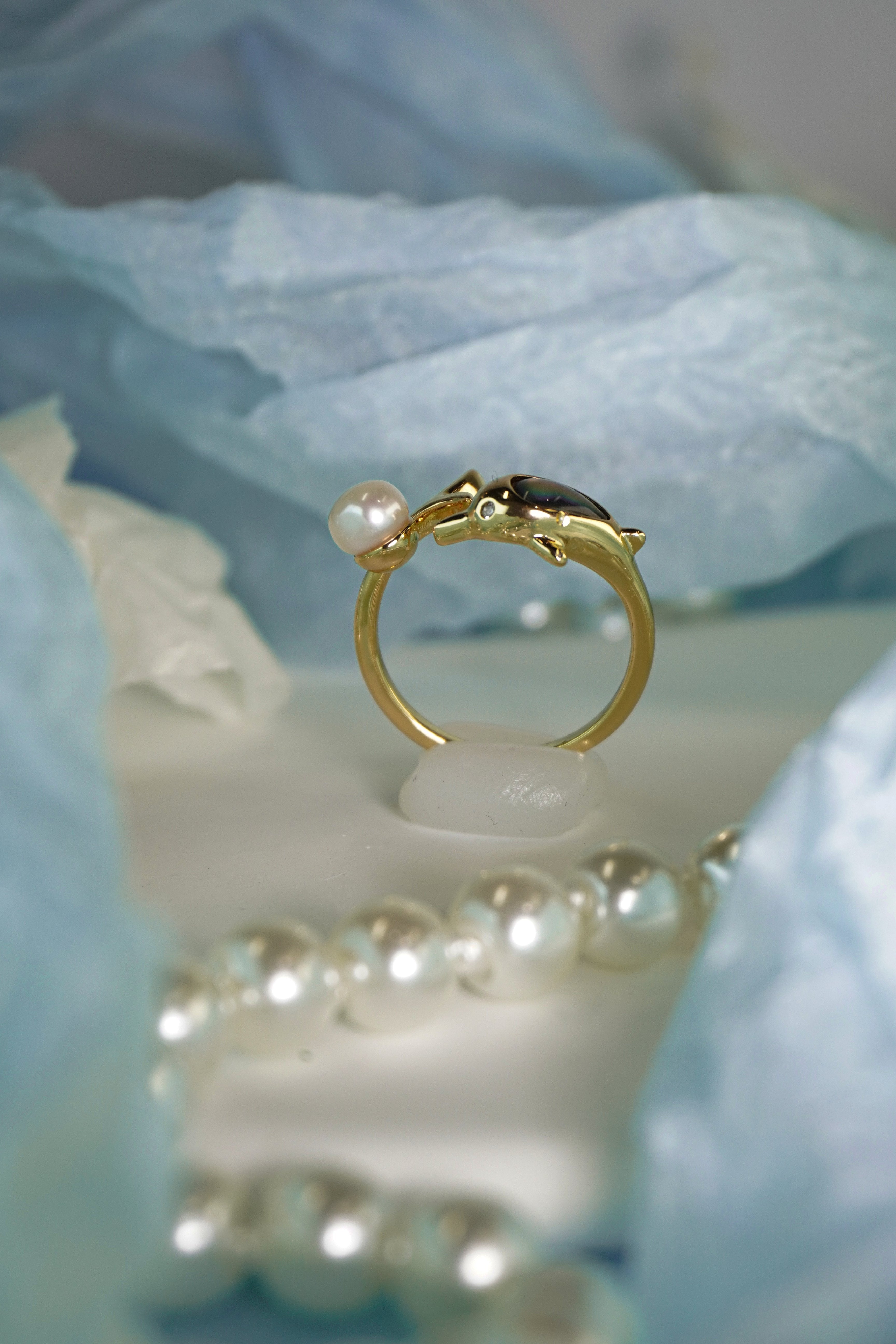 Elegant Dolphin Motif Natural Pearl Open Adjustable Ring, Handmade Gold-Plated Brass Pearl Statement Ring for Mature Women