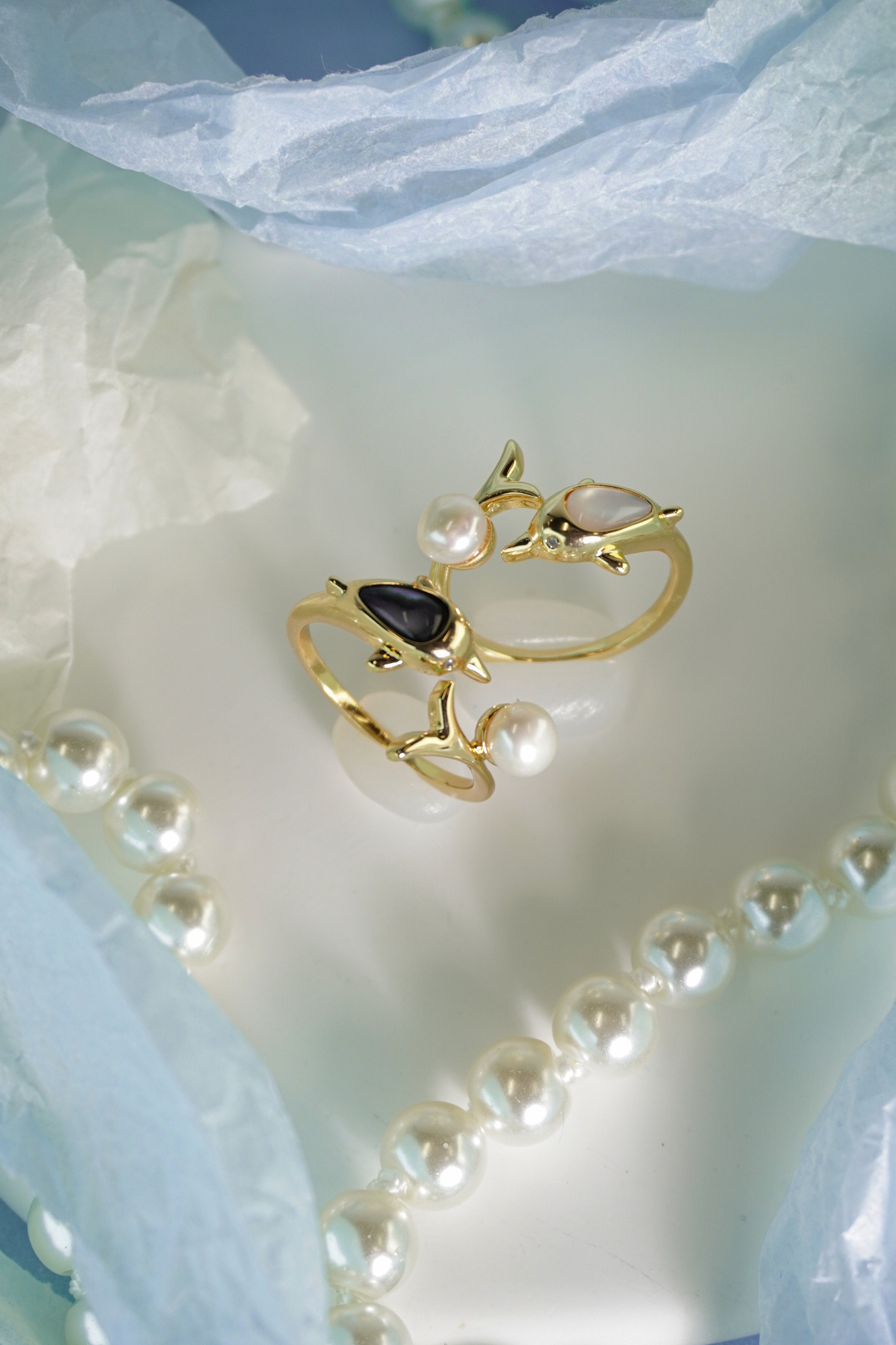 Elegant Dolphin Motif Natural Pearl Open Adjustable Ring, Handmade Gold-Plated Brass Pearl Statement Ring for Mature Women