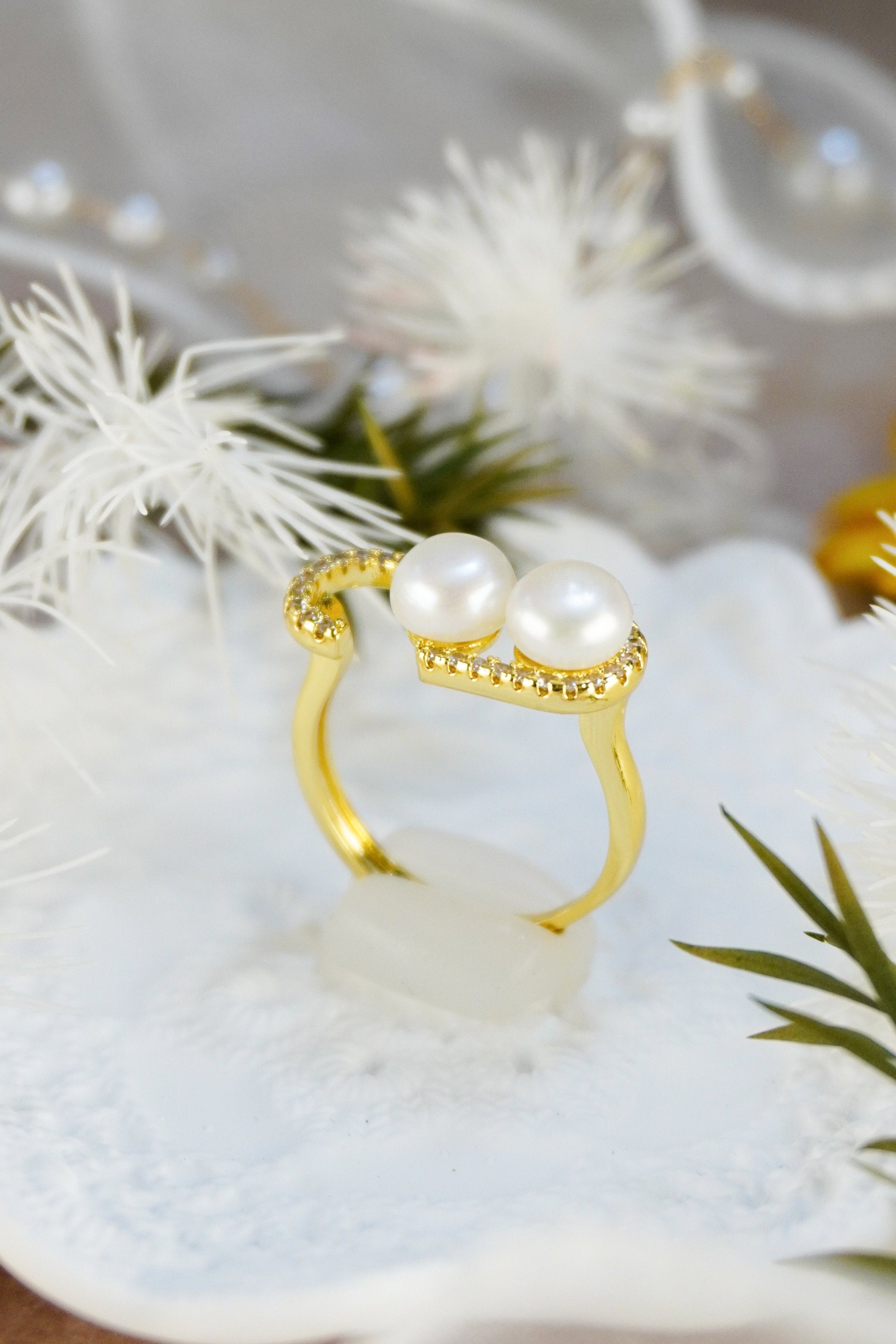 Double Freshwater Pearl Heart Open Adjustable Ring, 14K Gold Plated Brass Pave CZ Statement Ring, Handmade Elegant Pearl Jewelry Gift for Women
