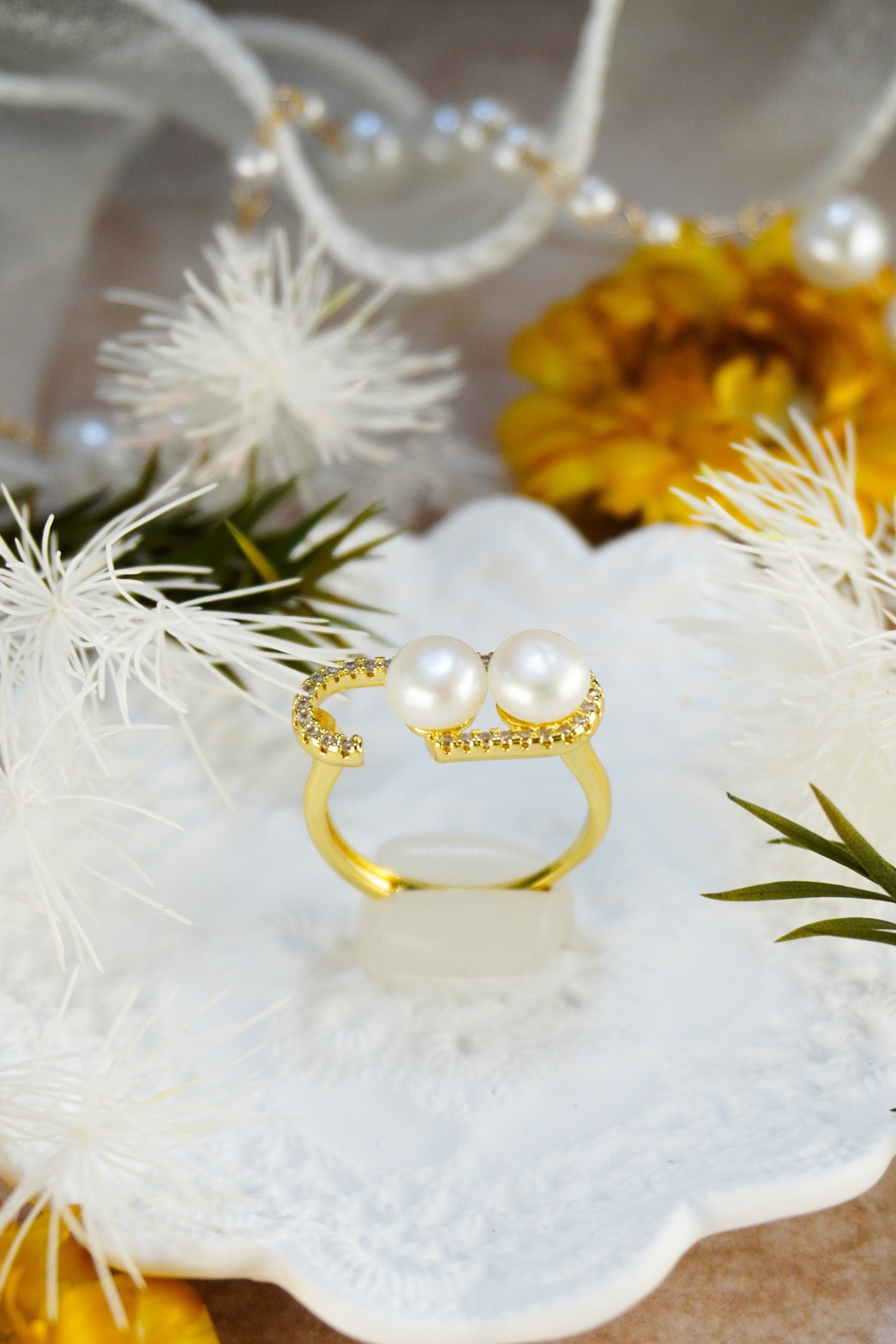 Double Freshwater Pearl Heart Open Adjustable Ring, 14K Gold Plated Brass Pave CZ Statement Ring, Handmade Elegant Pearl Jewelry Gift for Women