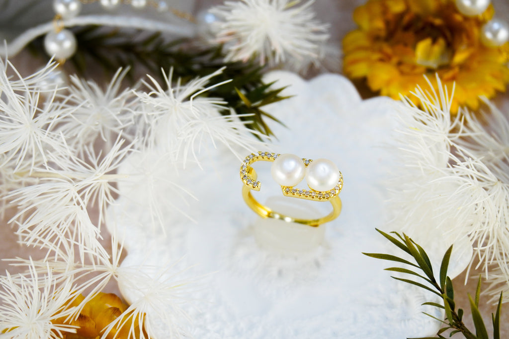 Double Freshwater Pearl Heart Open Adjustable Ring, 14K Gold Plated Brass Pave CZ Statement Ring, Handmade Elegant Pearl Jewelry Gift for Women
