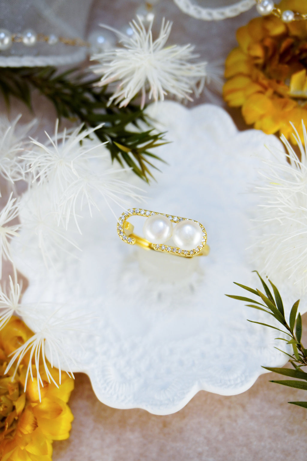 Double Freshwater Pearl Heart Open Adjustable Ring, 14K Gold Plated Brass Pave CZ Statement Ring, Handmade Elegant Pearl Jewelry Gift for Women
