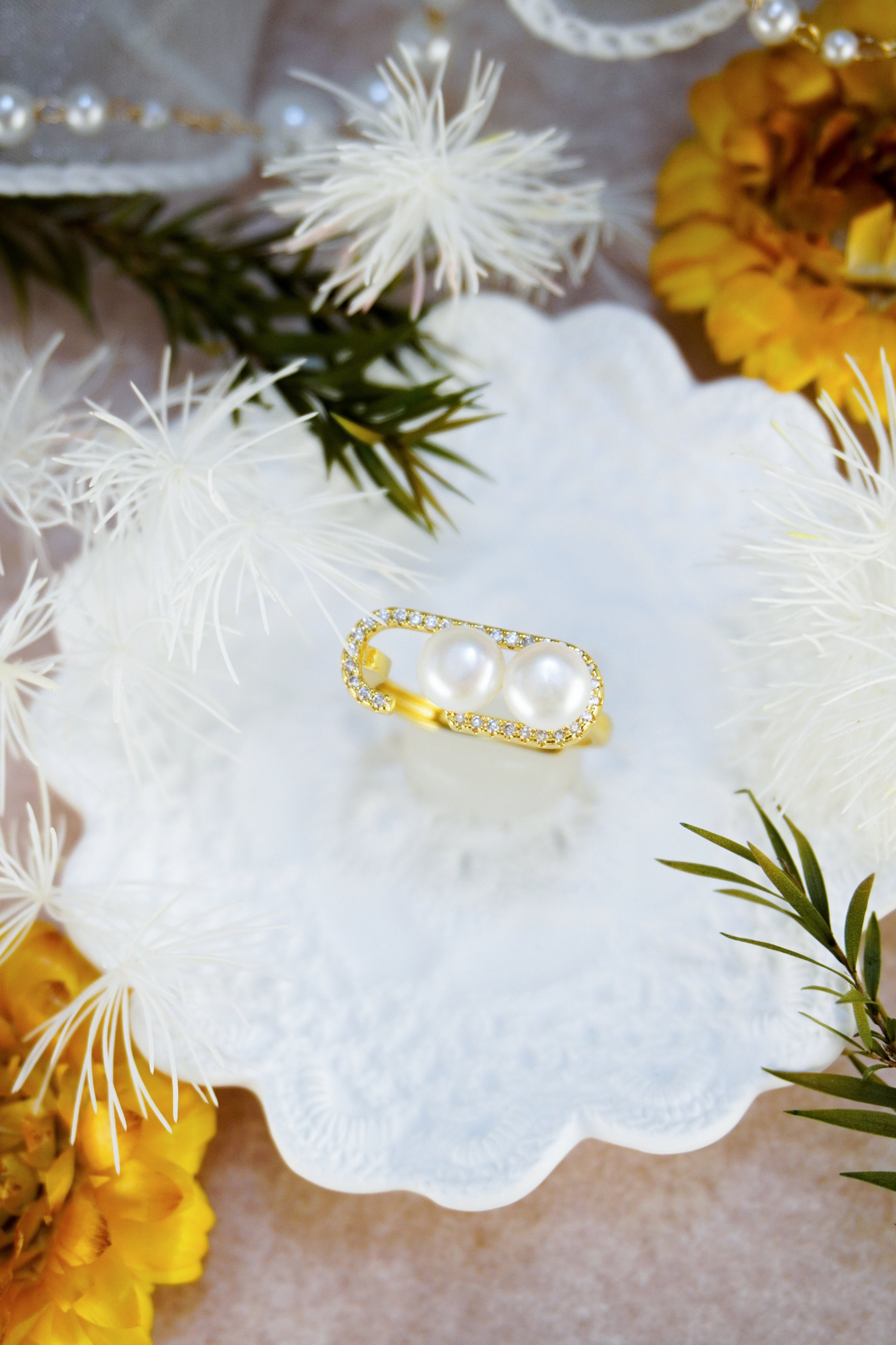 Double Freshwater Pearl Heart Open Adjustable Ring, 14K Gold Plated Brass Pave CZ Statement Ring, Handmade Elegant Pearl Jewelry Gift for Women