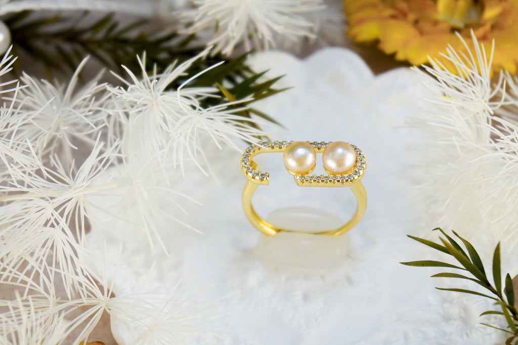 Double Freshwater Pearl Heart Open Adjustable Ring, 14K Gold Plated Brass Pave CZ Statement Ring, Handmade Elegant Pearl Jewelry Gift for Women