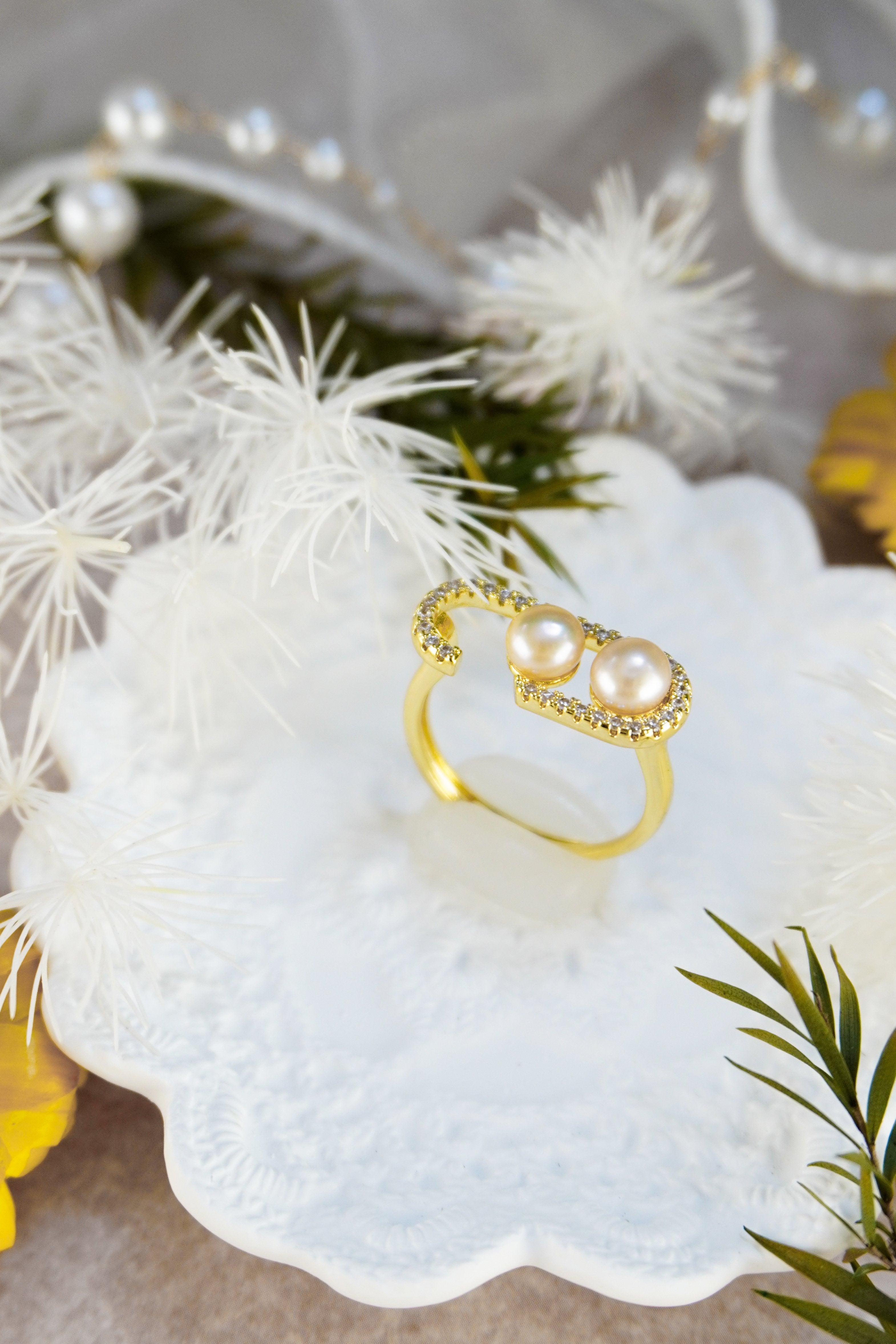 Double Freshwater Pearl Heart Open Adjustable Ring, 14K Gold Plated Brass Pave CZ Statement Ring, Handmade Elegant Pearl Jewelry Gift for Women