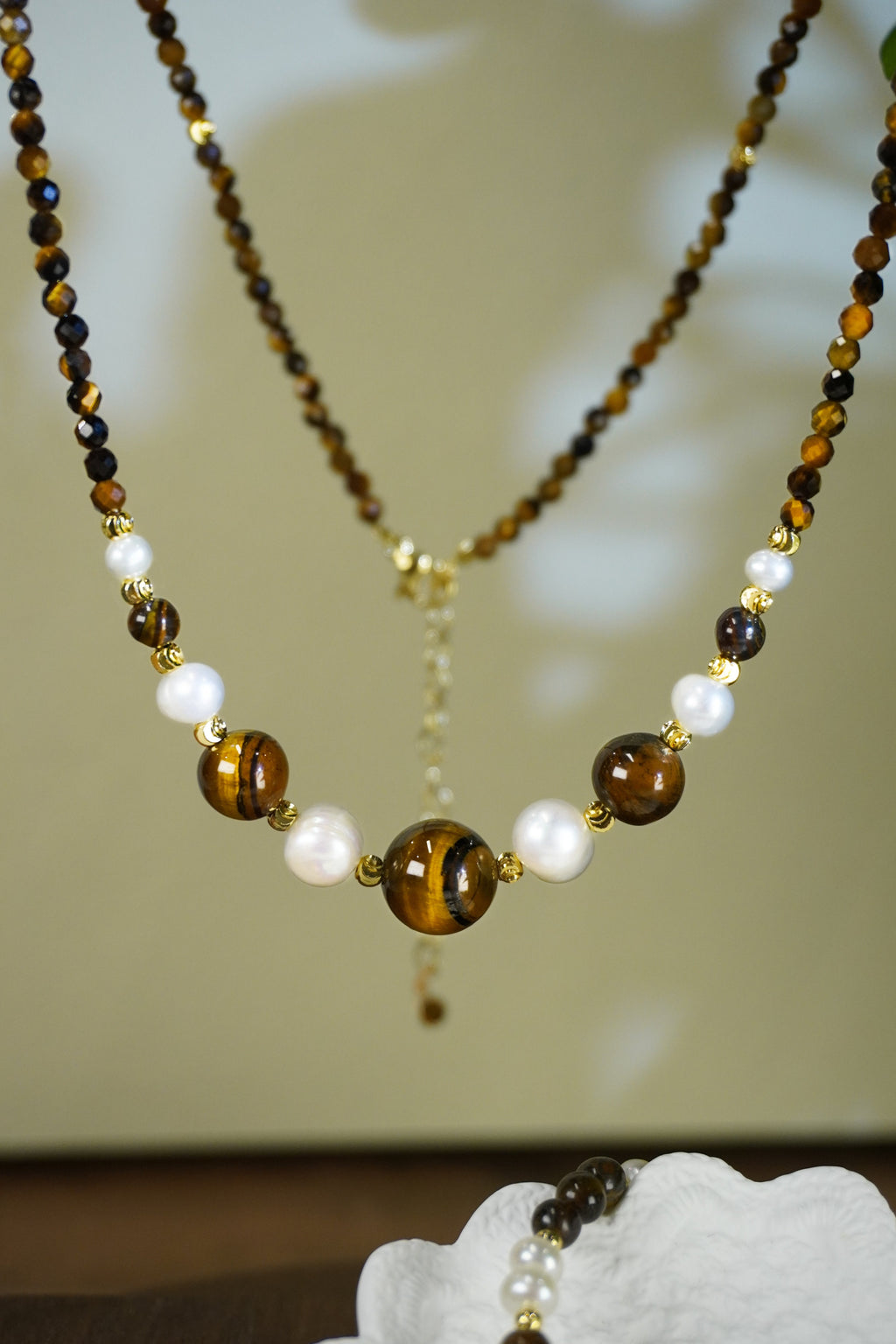 Double Layer Tiger Eye Stone & Freshwater Pearl Necklace Bracelet 2Pcs Jewelry Set, Handmade Gold-Plated Brass Beaded Set for Women