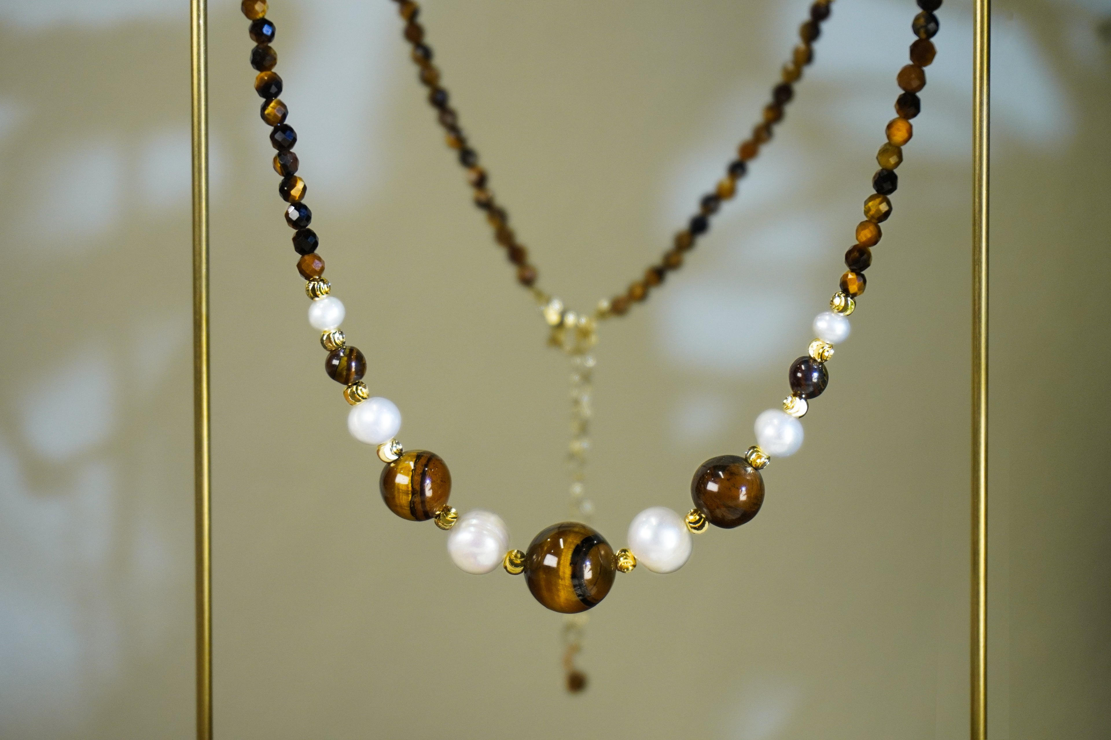 Double Layer Tiger Eye Stone & Freshwater Pearl Necklace Bracelet 2Pcs Jewelry Set, Handmade Gold-Plated Brass Beaded Set for Women